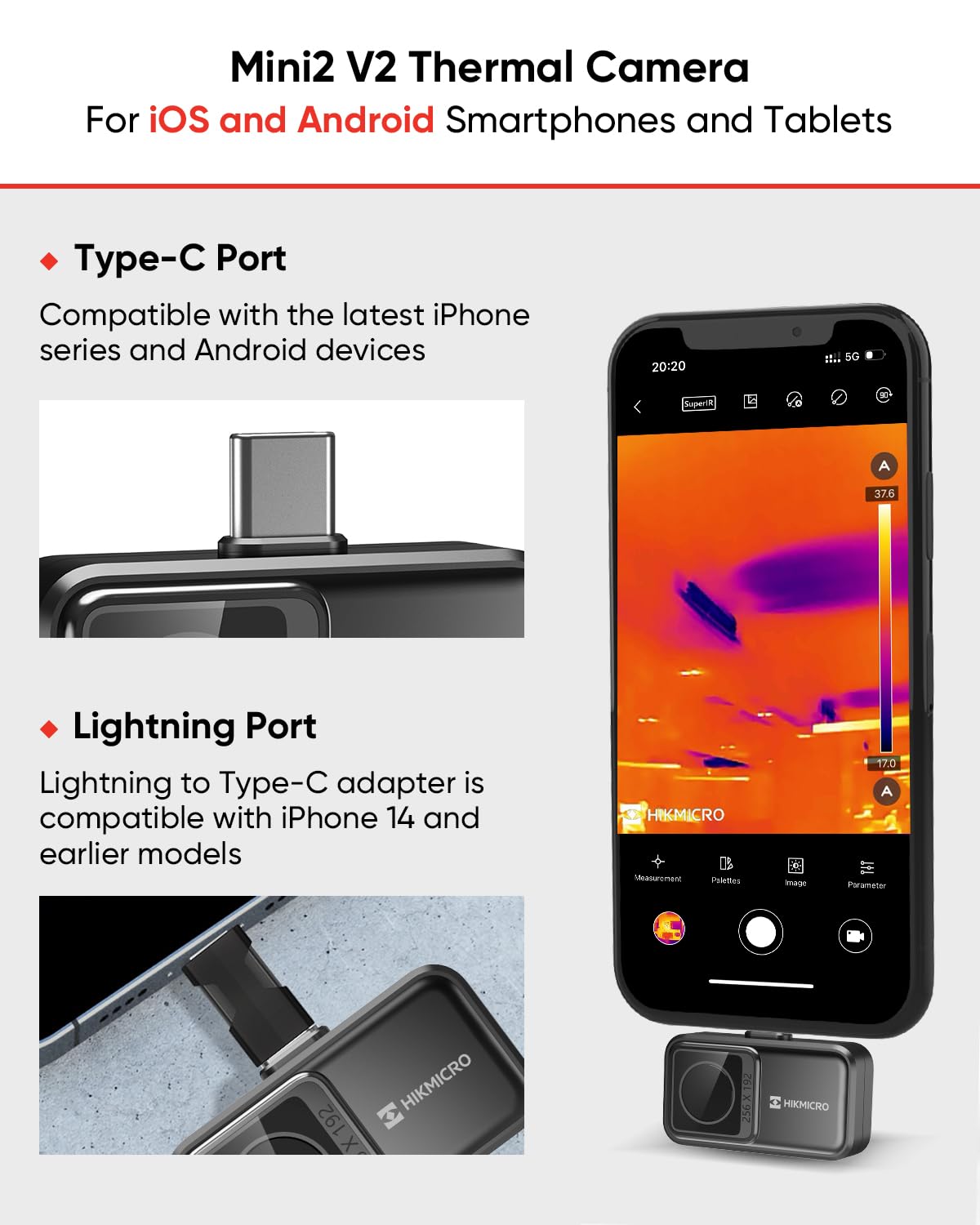 Detalle de HIKMICRO Mini2 V2 Thermal Camera, 512x384 SuperIR, 25 Hz, USB-C