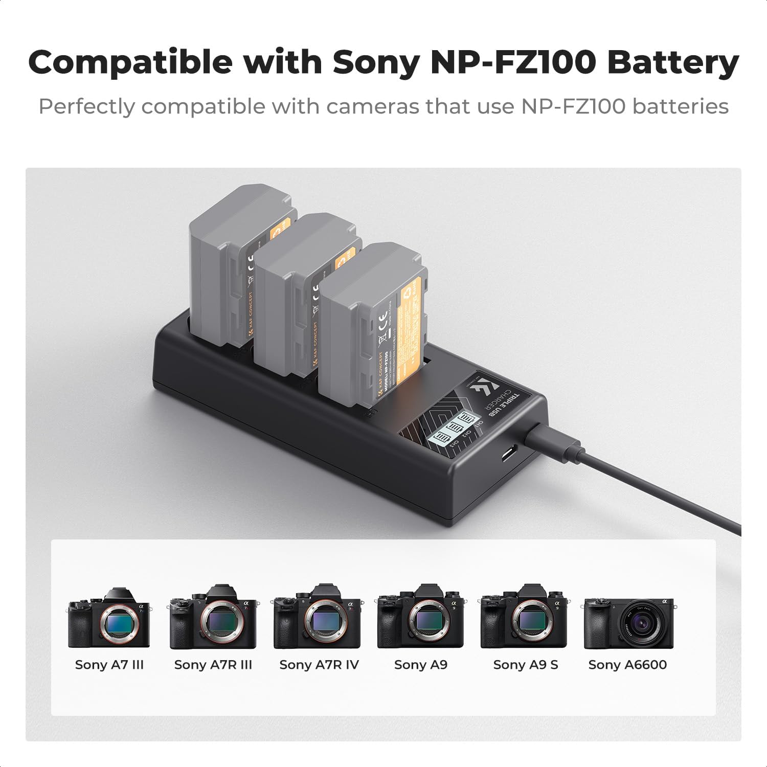 Thumbnail 2 de K&F CONCEPT NP-FZ100 Ladegerät mit 3 Slots und LCD-Display für Sony A7 III/A7 IV/A7R V