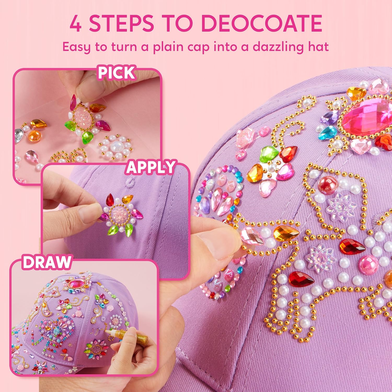Thumbnail 4 de Klever Kits DIY Baseball Cap Craft Kit (Gifts for Girls Ages 5–12) — Decorate Your Own Hat with Gem Stickers