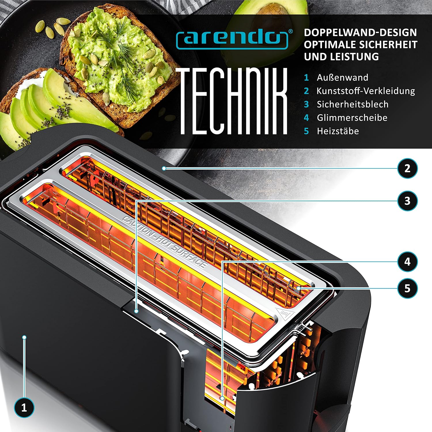 Thumbnail 4 de Arendo Edelstahl Toaster 4 Scheiben, 1500 W