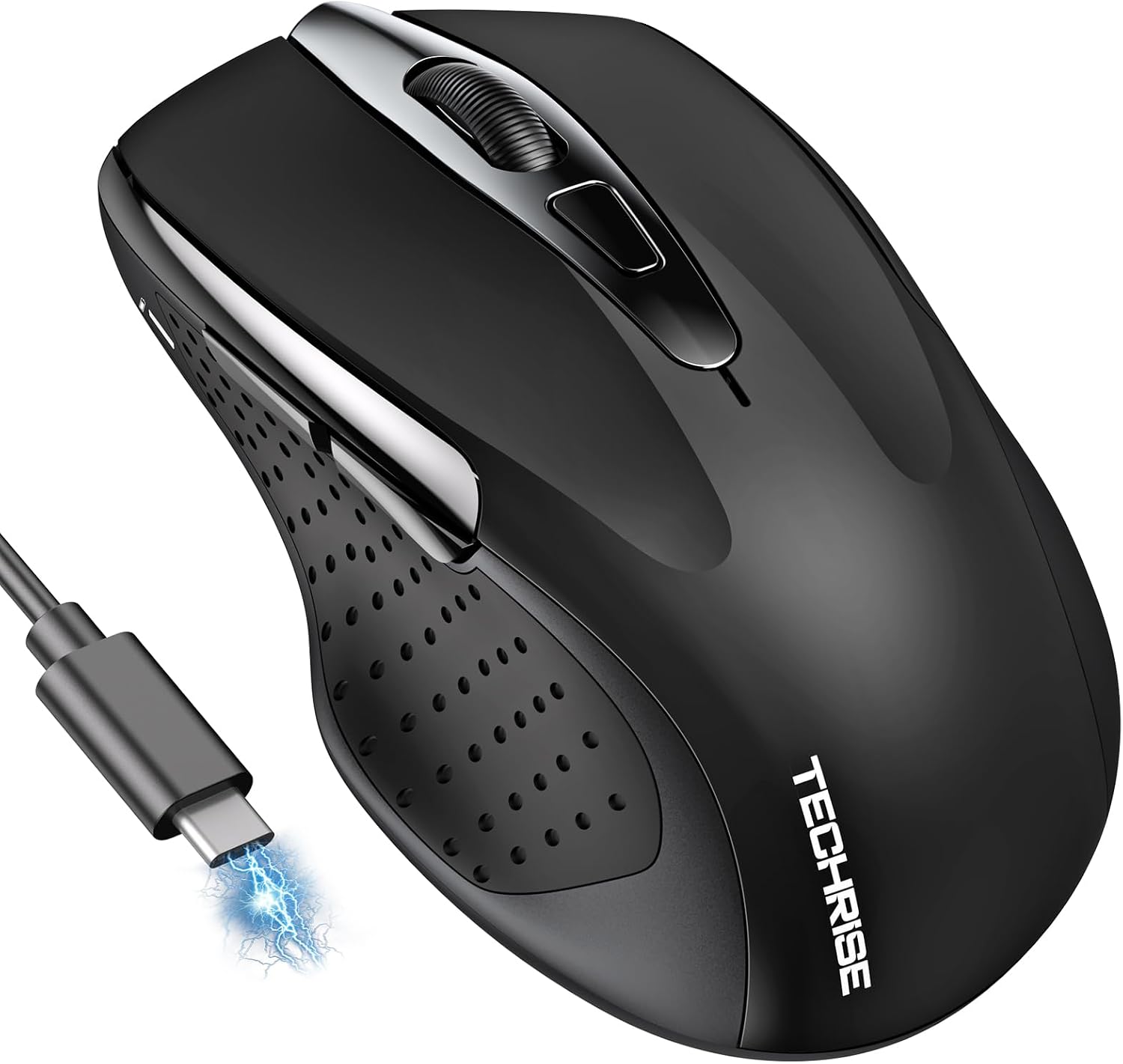 Detalle de TechRise Bluetooth Maus mit 2.4G & BT 5.0/3.0, 4800 DPI, wiederaufladbar (USB‑A Empfänger), leise Funkmaus, Schwarz