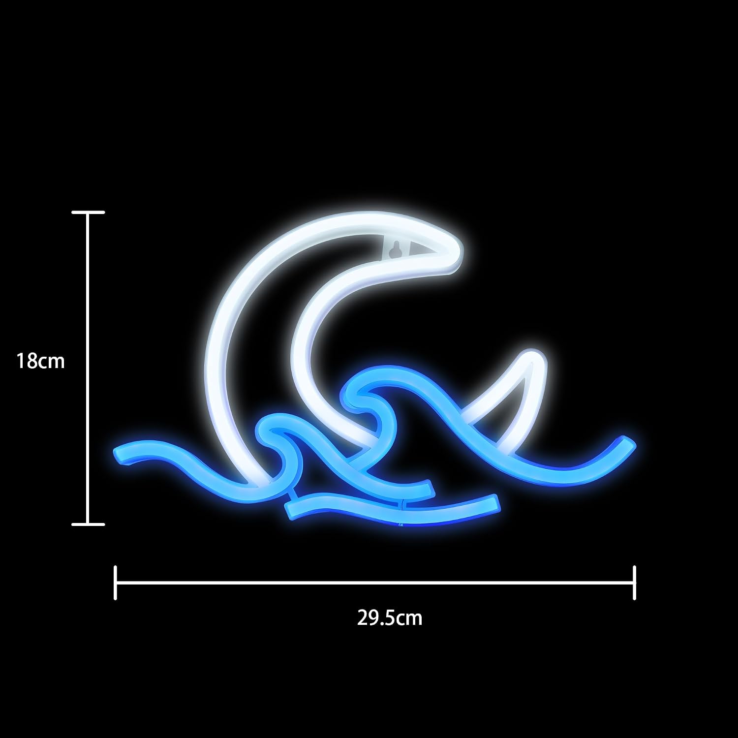Detalle de WIOSOUL Moon Wave Neonschild – blauer Mond über Meer als LED-Wandleuchte (USB oder 3×AA, 29,5 × 18 cm)