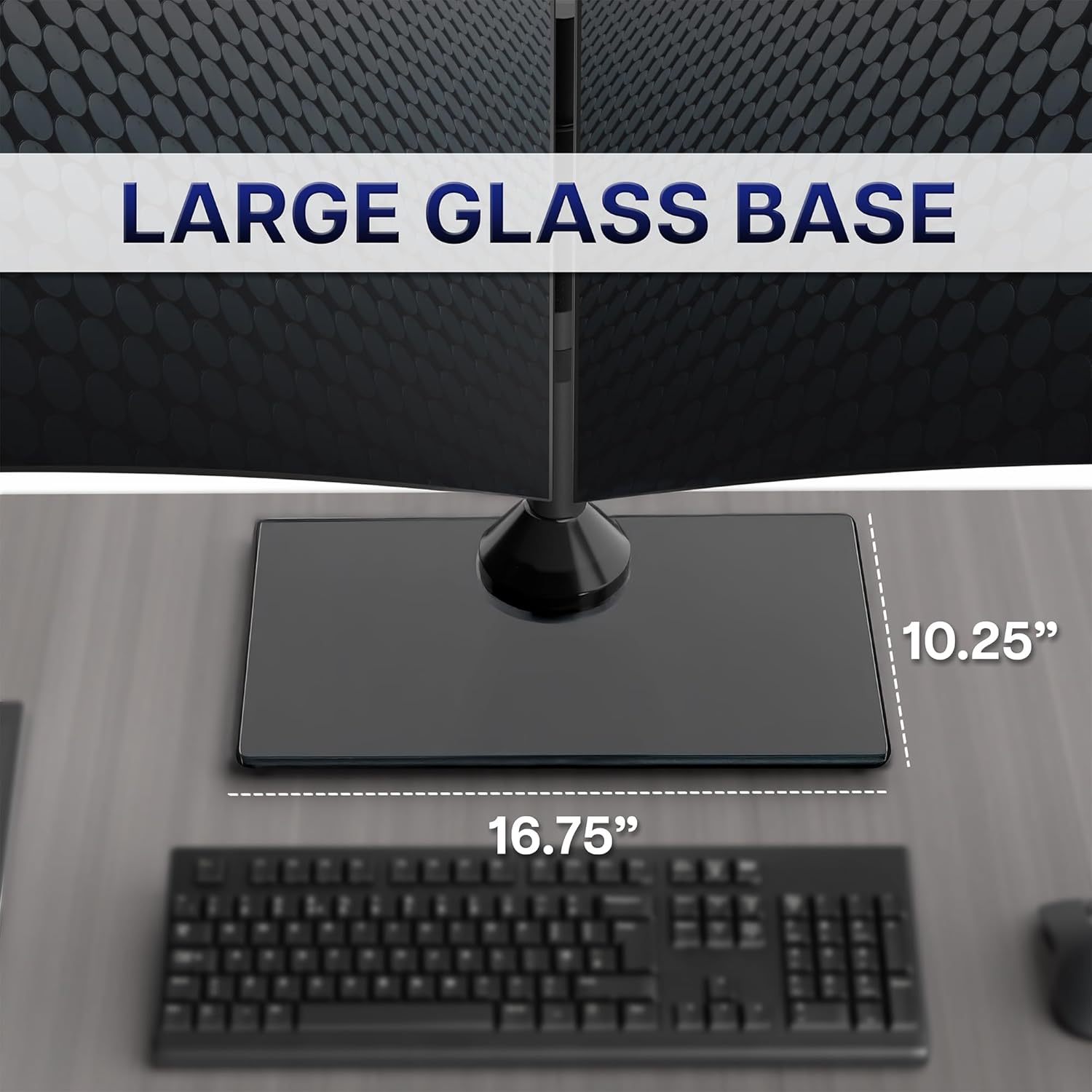 Detalle de VIVO STAND-V002FG Freestanding Dual Monitor Stand with tempered glass base (adjustable arms, up to 32in screens)