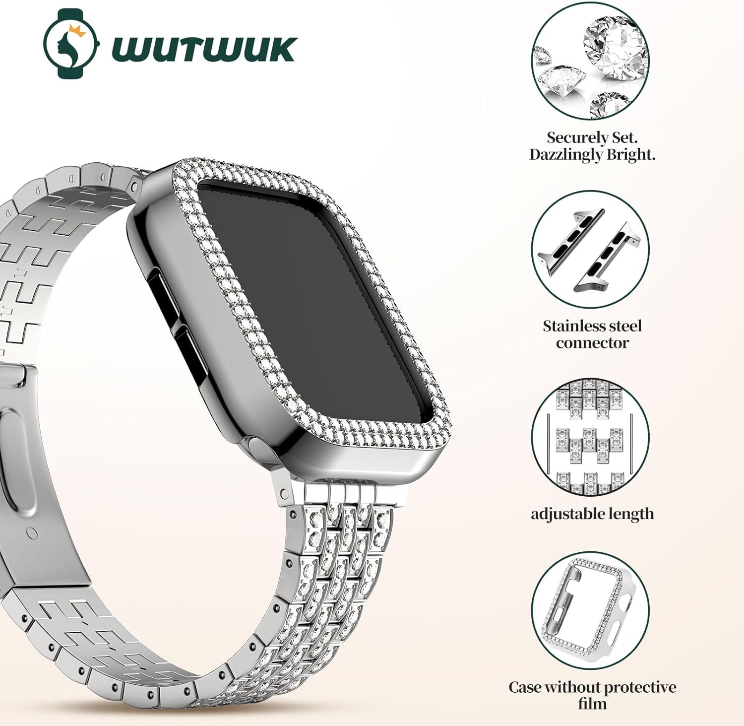 Thumbnail 3 de Wutwuk Bling Apple Watch Strap 44mm with Diamond Rhinestone Case – Silver