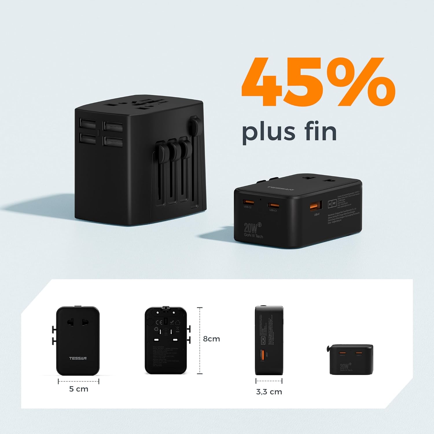 Thumbnail 4 de TESSAN Adaptateur Prise Universelle PD 20W — 4 en 1, USB-C x2 et USB-A, voyage sans compromis