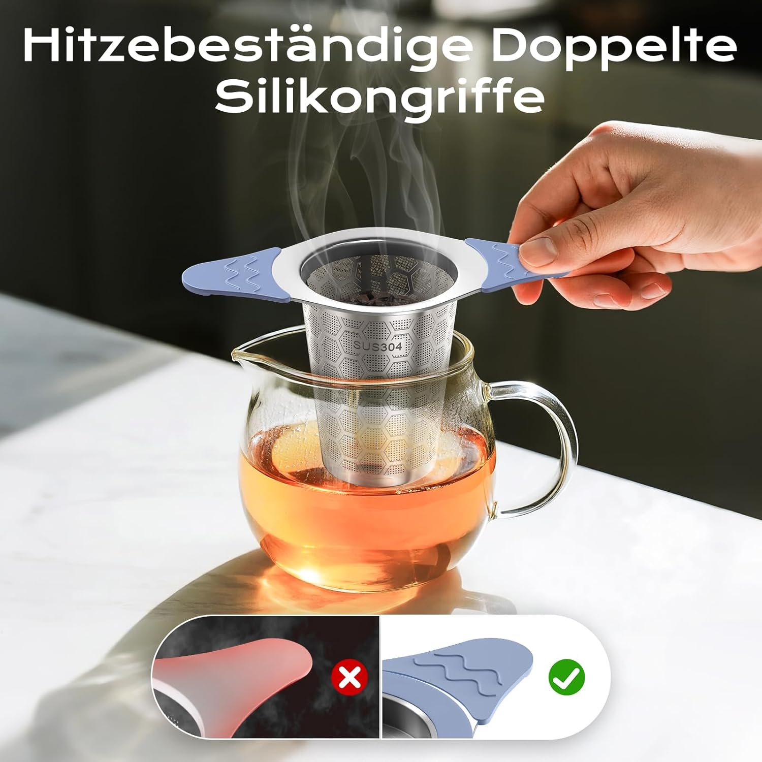 Thumbnail 2 de yomanta Teesieb mit Deckel aus 304 Edelstahl – breiter Griff mit hitzebeständigem Silikon