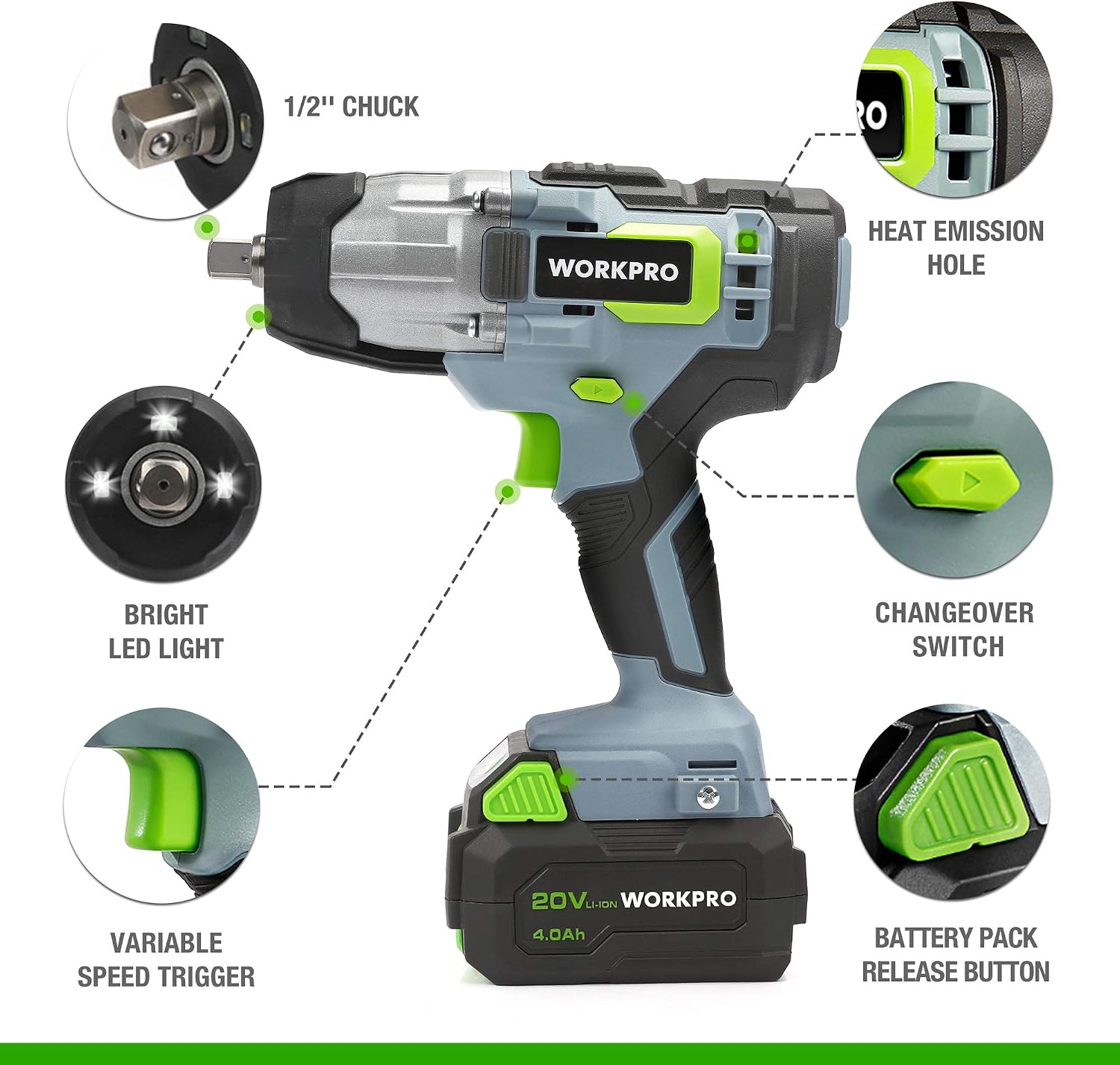 Detalle 2 de WORKPRO Cordless Impact Wrench 300Nm