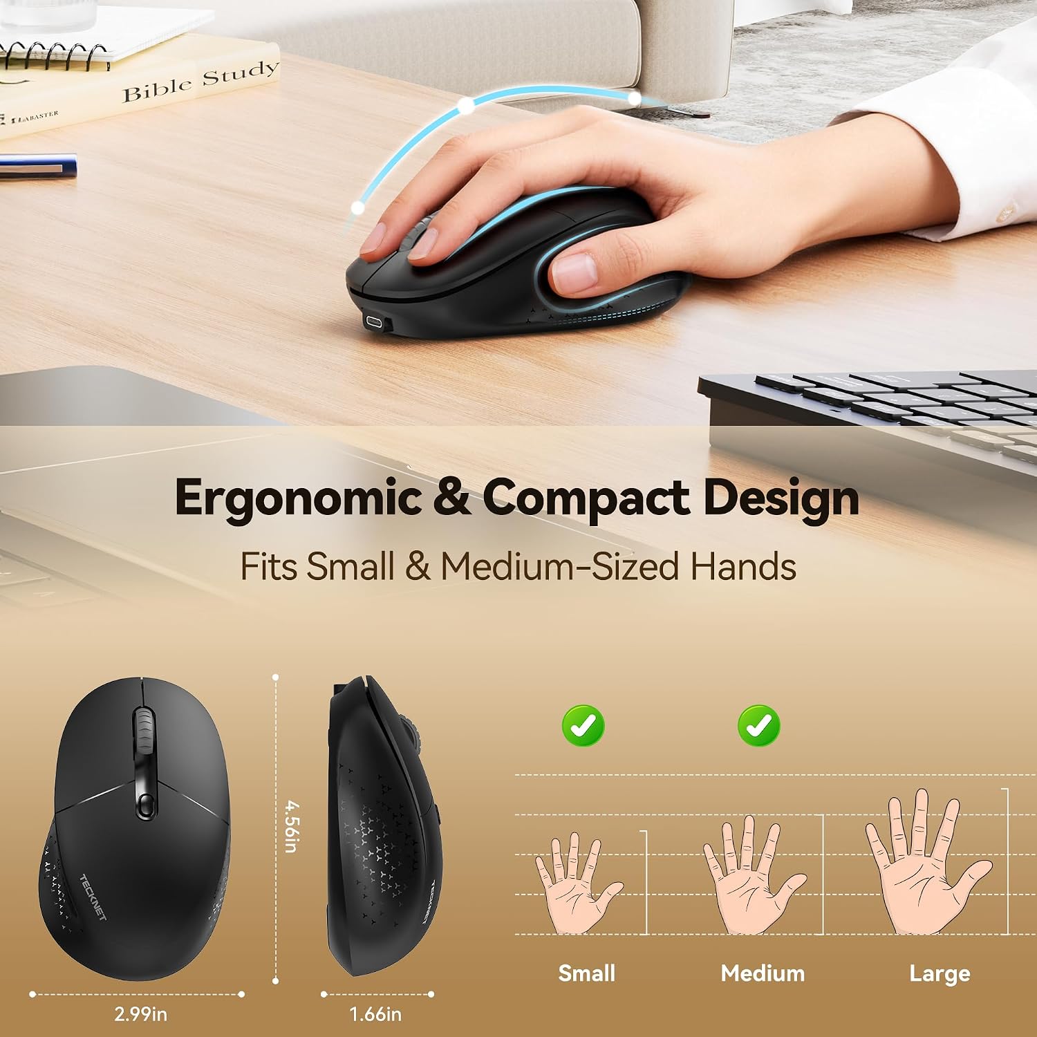 Detalle de TECKNET Silent Wireless Mouse: Multi-Device Ergonomic 2.4G/Bluetooth (BT 5.2/3.0)