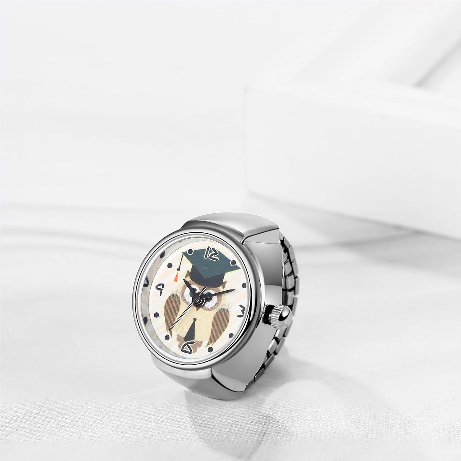 Detalle de JewelryWe Ringuhr Fingeruhr Elastisch Eule – Damen Analog Quarz Fingerringuhr mit Silberg Legierung und elastischem Band