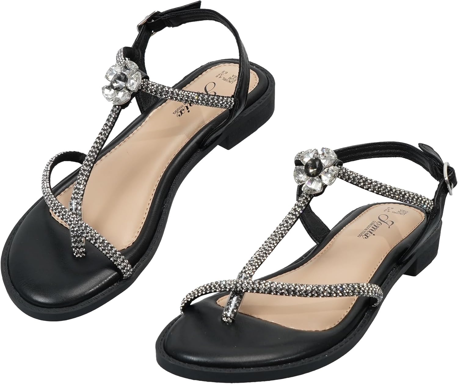 Detalle de JOMIX Sandali Donna Piatti con Strass e Fiore, Fibbia Regolabile, Tacco Basso Quadrato – Eleganza confortevole per estate