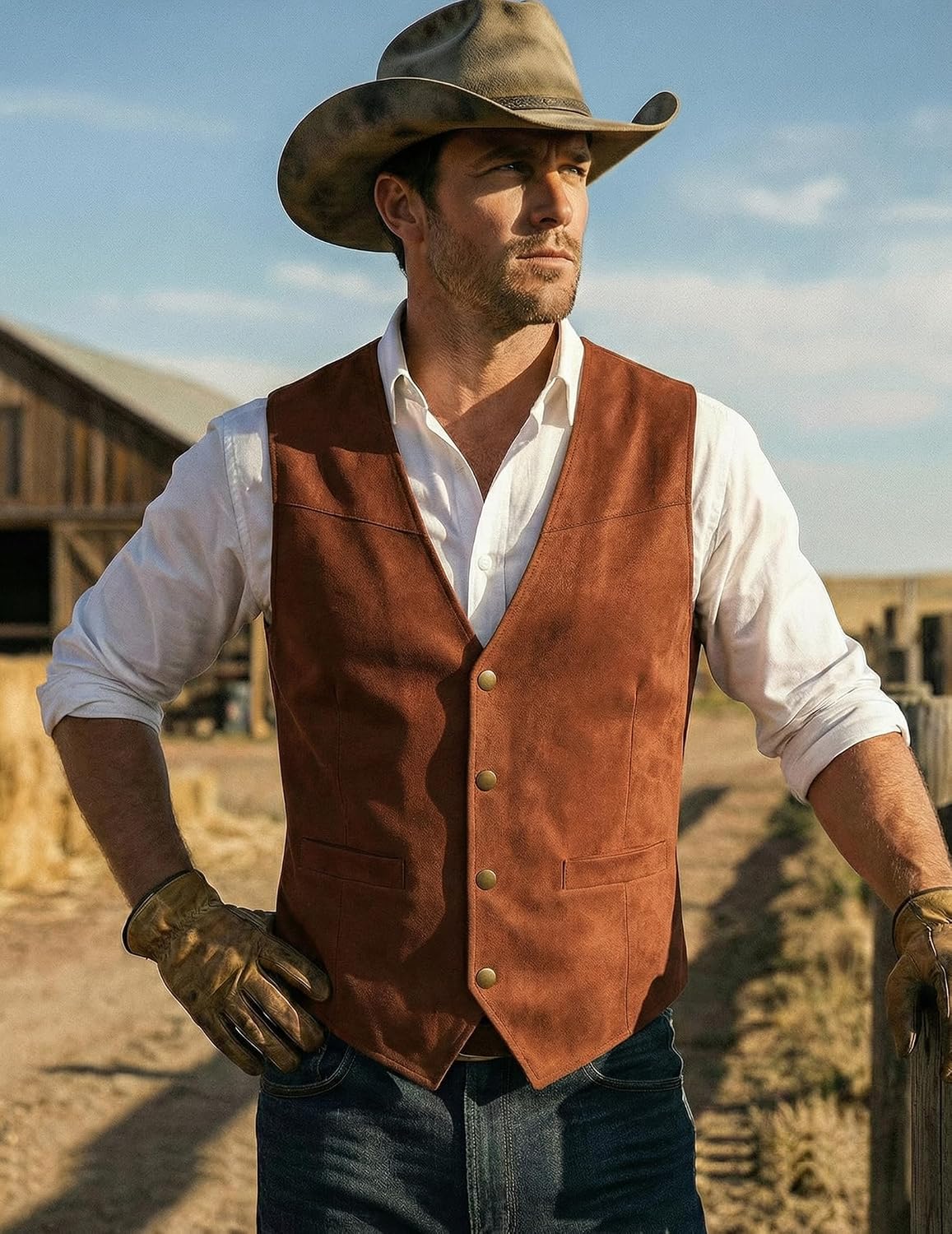 Detalle 2 de COOFANDY Men's Suede-Style Western Vest, Slim Fit with Lining and 2 Pockets