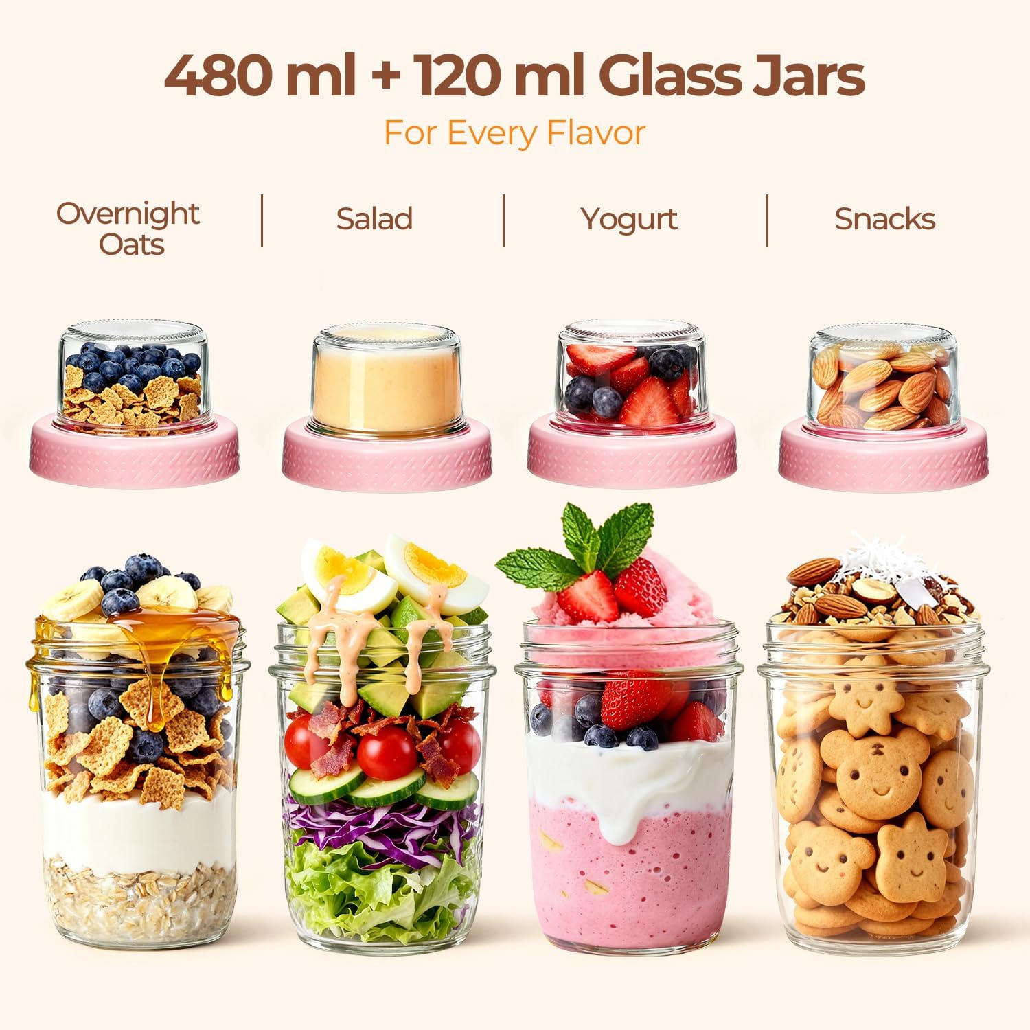 Detalle de ComSaf Overnight Oats Jar, 480 ml Glass with 120 ml Topping Pot