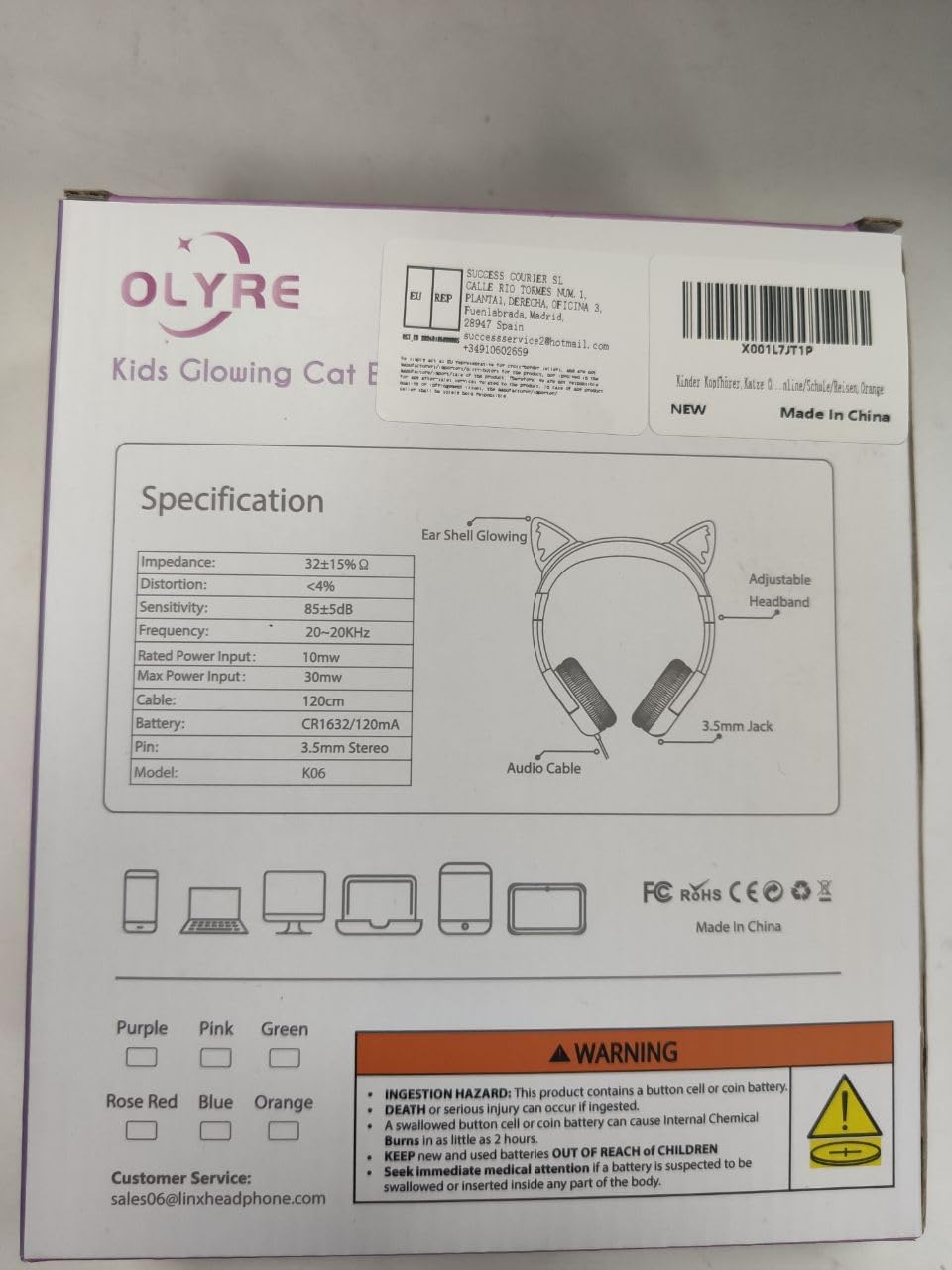 Detalle de Olyre Kids Headphones Safe 85db Volume Control