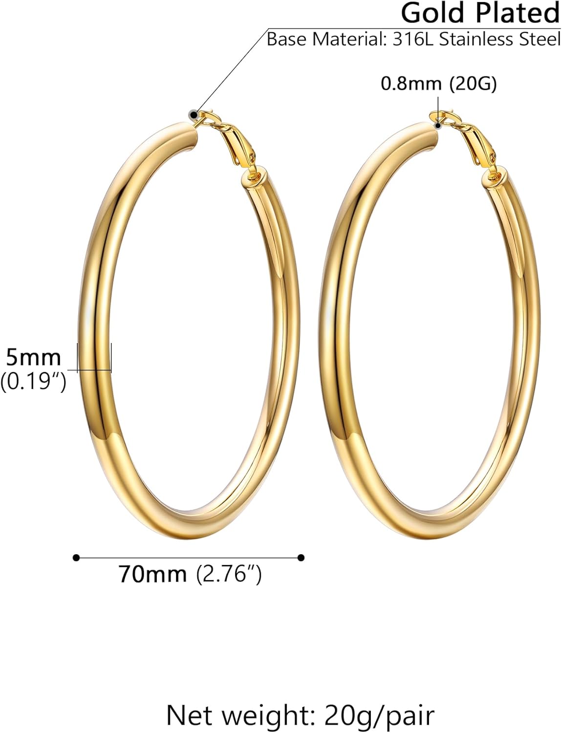 Thumbnail 6 de PROSTEEL Orecchini a cerchio oversize in acciaio inox 316L oro 30/40/60/80 mm