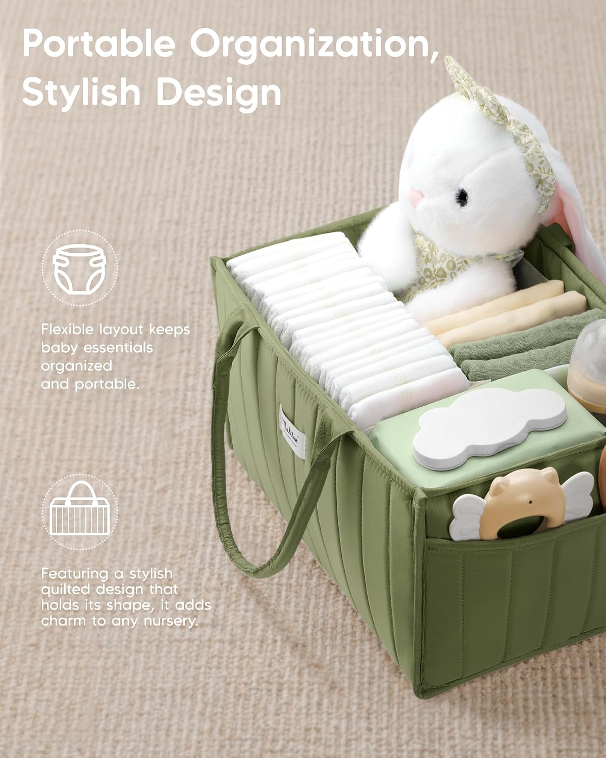 Thumbnail 4 de Maliton Nappy Caddy Organiser – Portable Baby Changing Station with Removable Dividers and Side Pockets (Green)