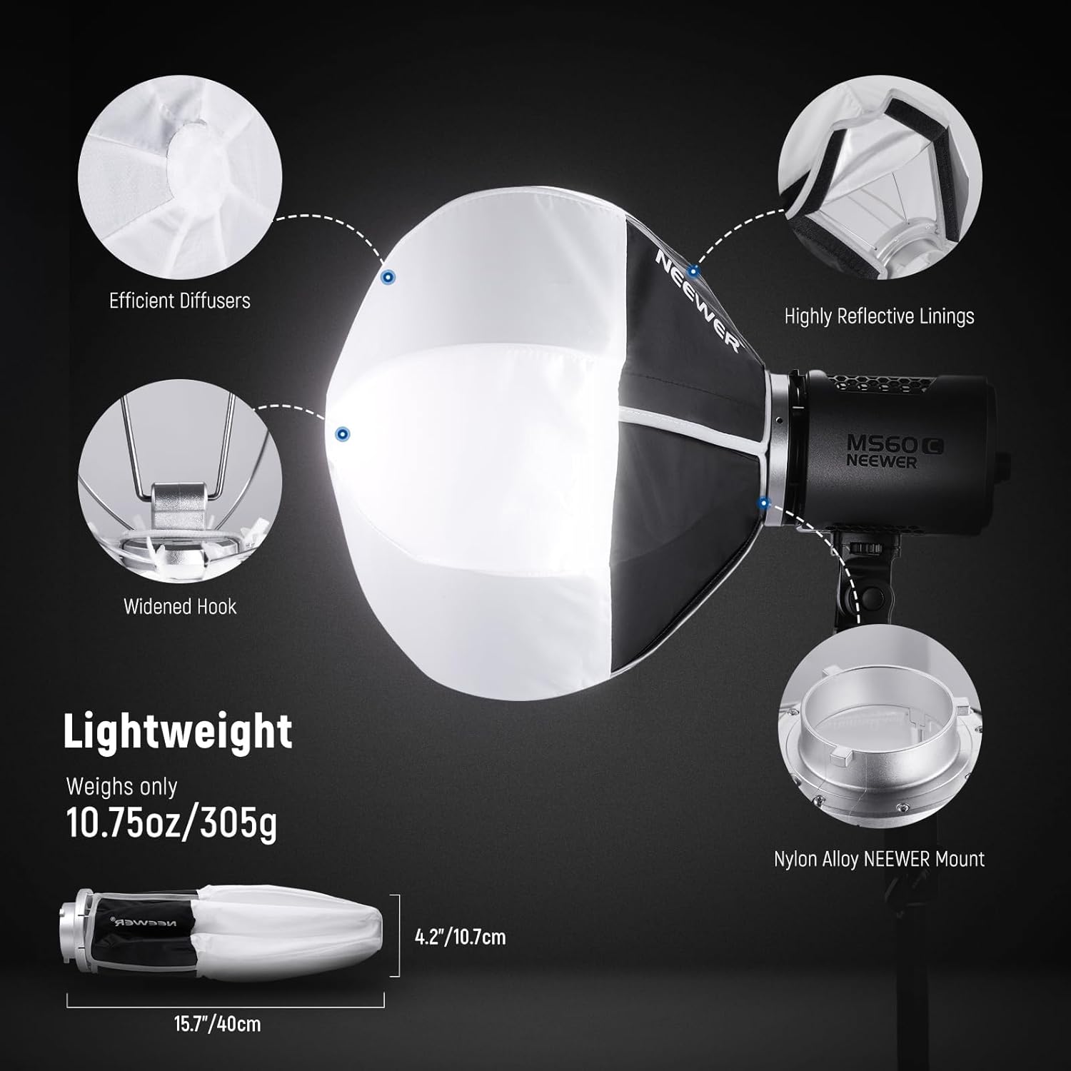 Thumbnail 5 de NEEWER 12"/30cm Lantern Softbox (NEEWER mount) – NS6L mini soft diffuser for MS60/150 LED lights