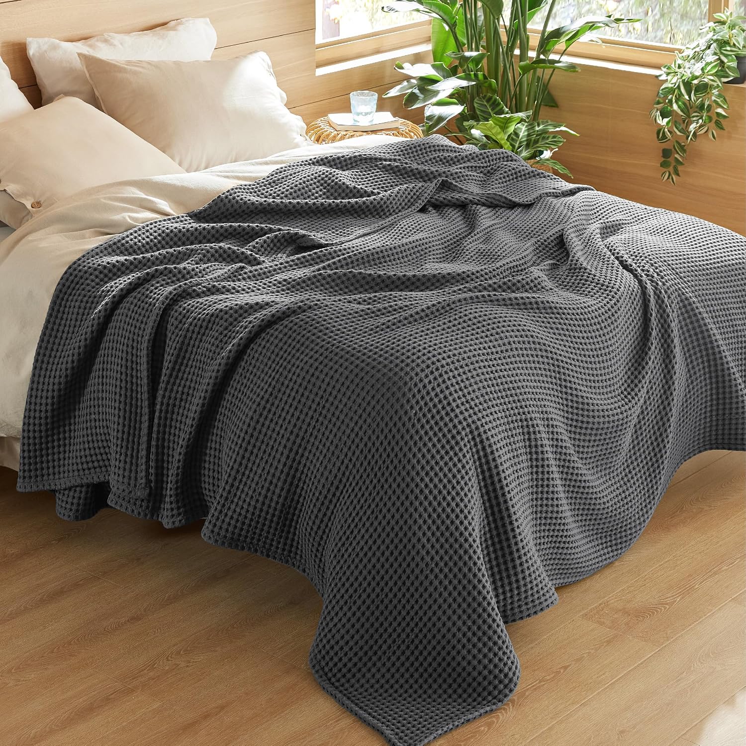 Detalle de Bedsure Blanket-Cotton-Fine Waffle King Cotton Blanket, Dark Grey