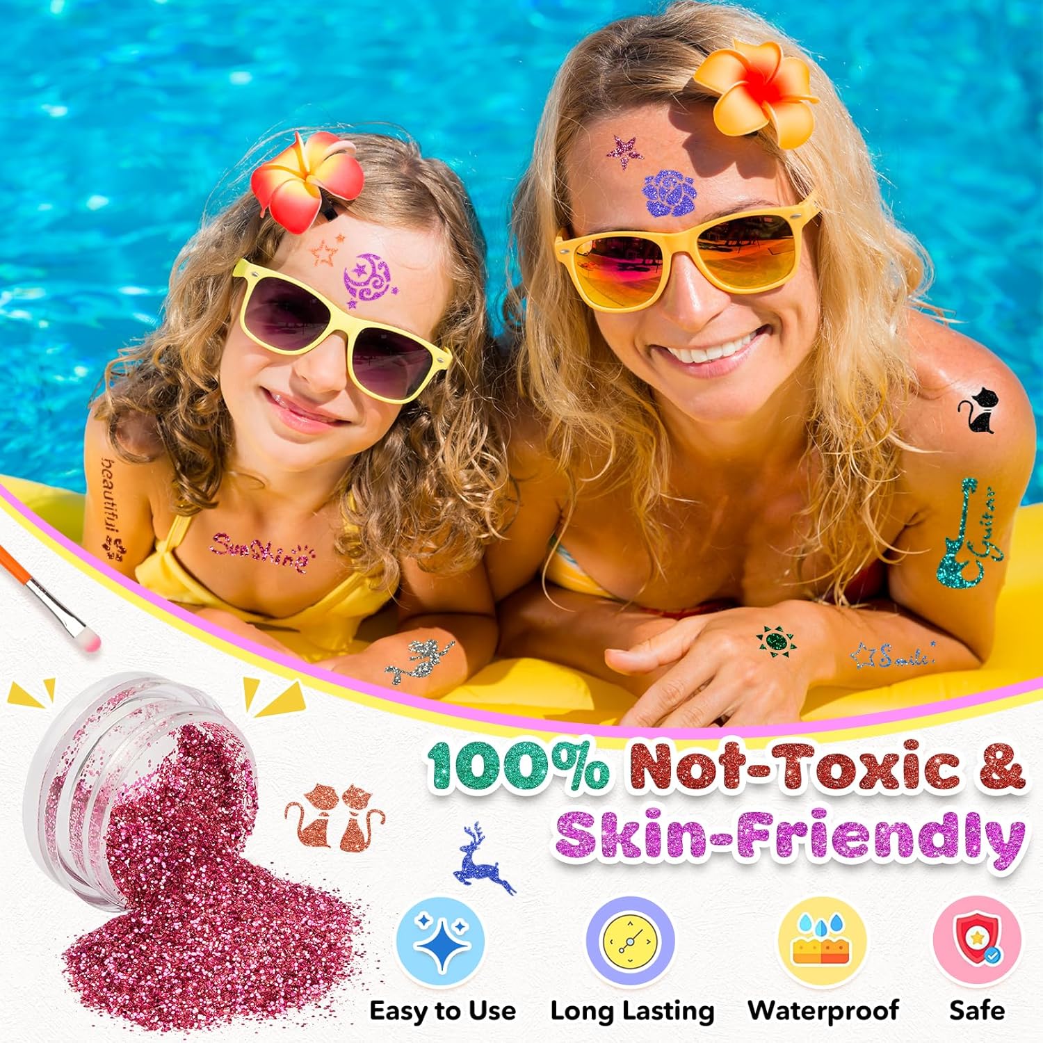 Detalle de Glitzer Tattoo Set Kinder – 24 Glitzerfarben, 150 Schablonen und mehr für kreative Hautkunst
