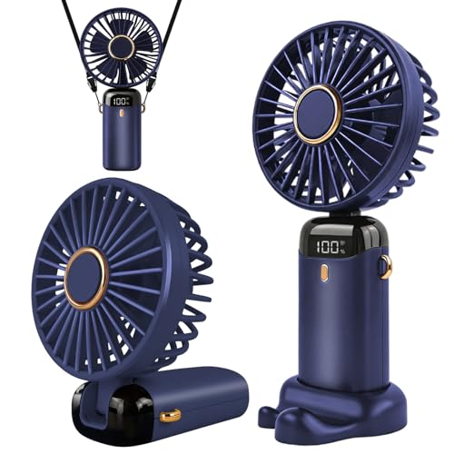 Detalle de Jsdoin Ventilador de mano portátil 5 velocidades + carga USB, diseño plegable con pantalla LED (Azul)