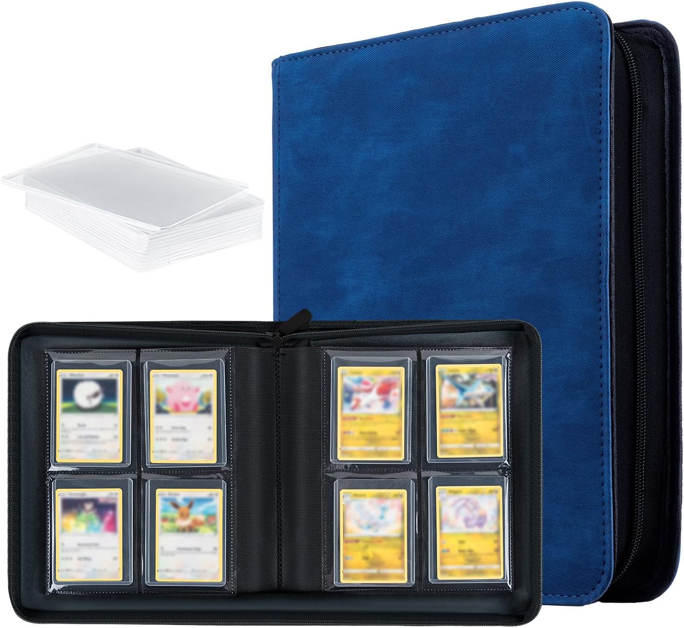 Tolesum Toploader Album carte collezionabili 112 slot, 4 tasche/pagina, 10 Toploader inclusi – custodia in PU blu