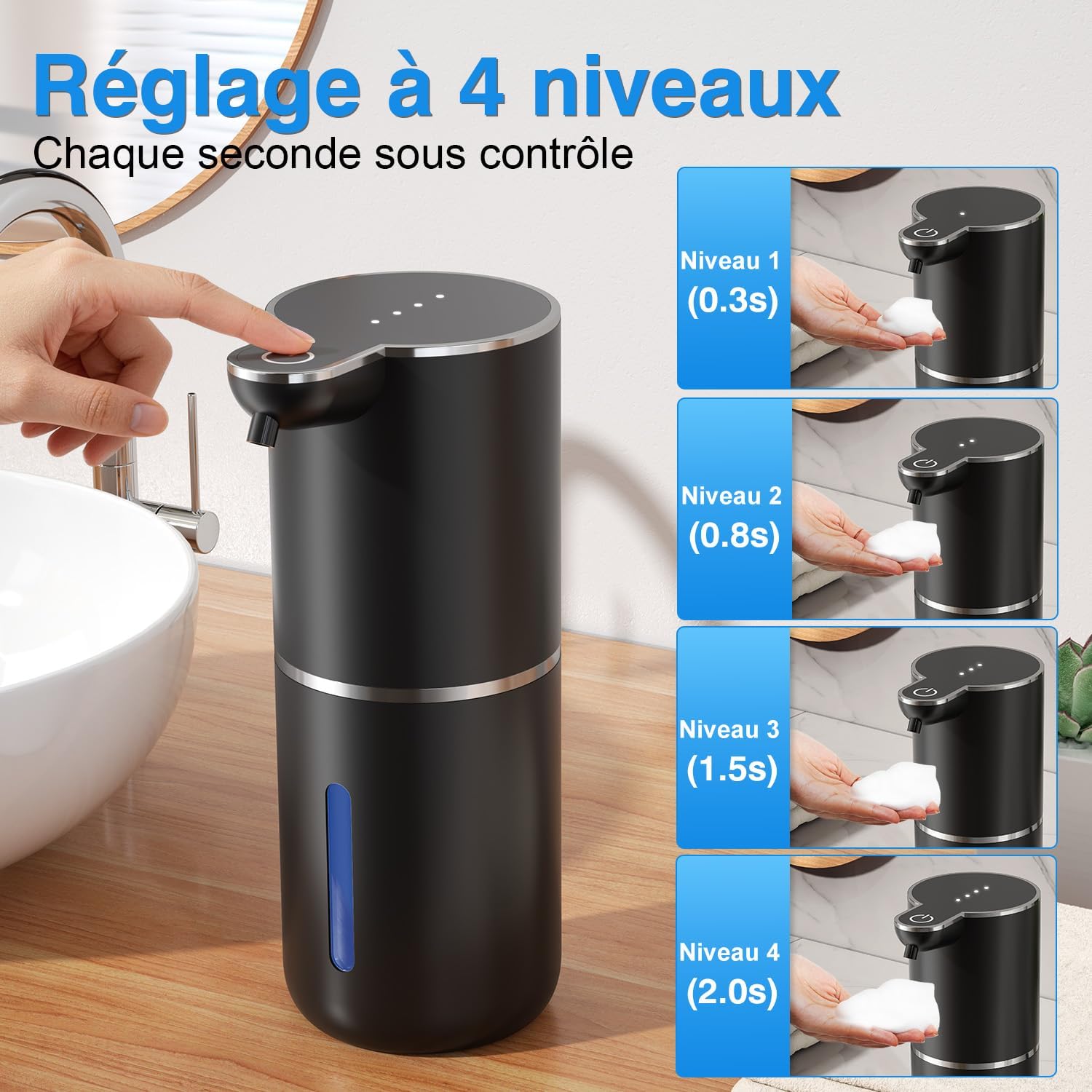 Detalle de Distributeur de Savon Automatique en Mousse, sans Contact, 380 ml, Montage Mural et USB, IPX5 – Noir