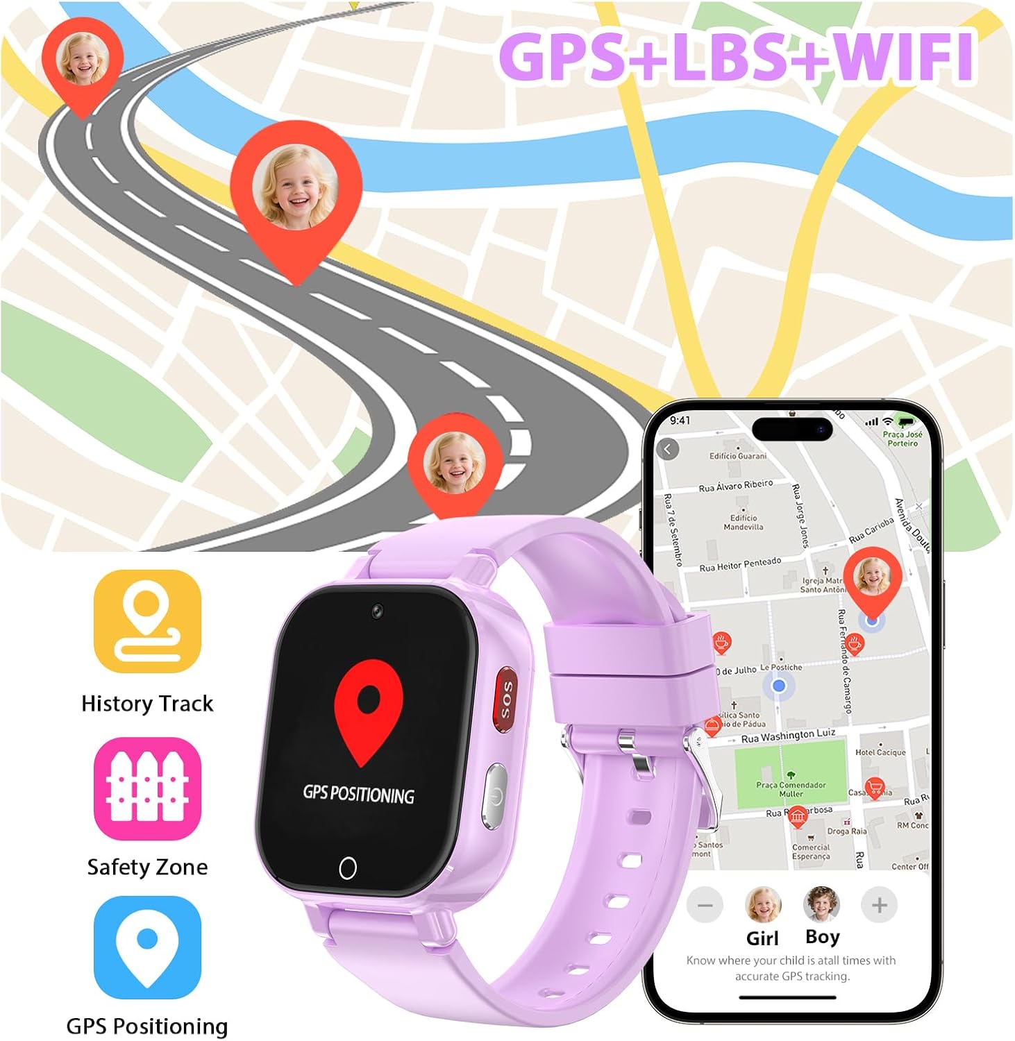 Detalle de Smartwatch Bambini 4G con Videochiamata, GPS, SOS e Modalità Classe – Lila-8A
