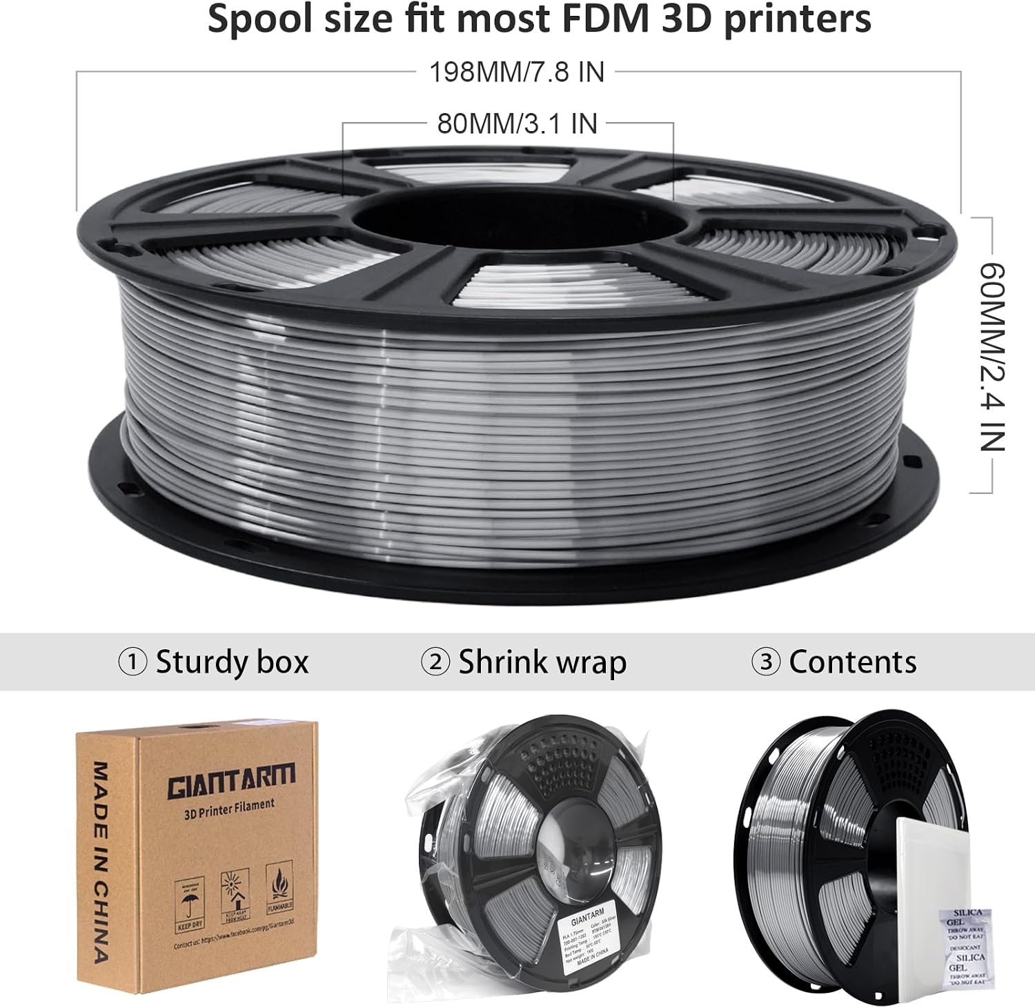 Detalle 2 de GIANTARM Silk Metallic Silver PLA Filament, 1.75mm, 1kg Spool
