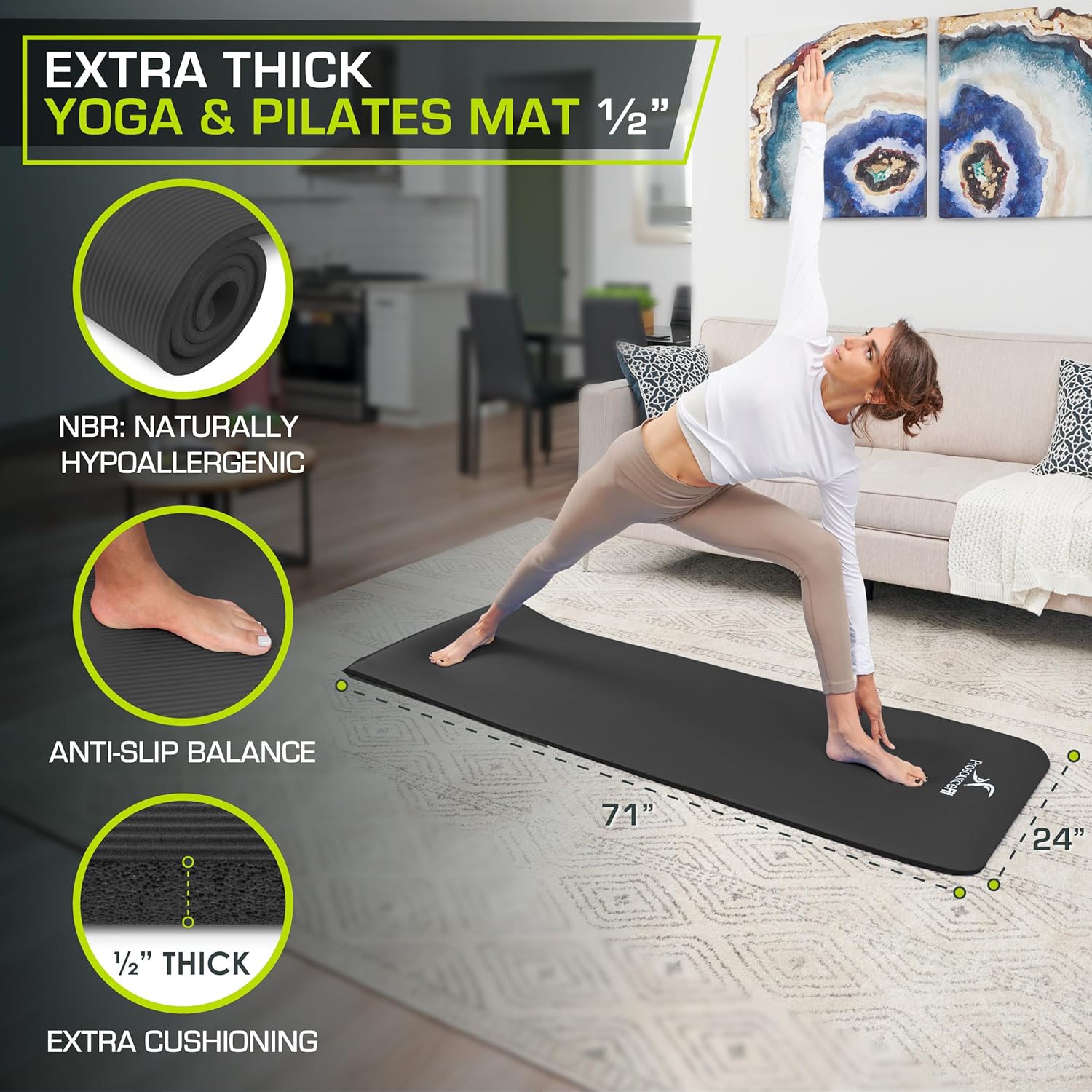 Detalle 2 de ProsourceFit Tapete de Yoga y Pilates Extra Grueso 1/2” (13 mm), 71” de largo – alta densidad con espuma de confort y correa de transporte