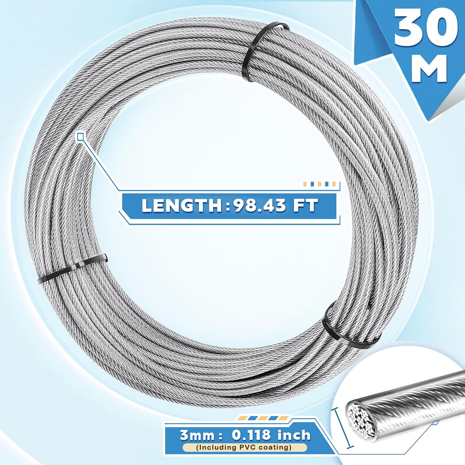 Detalle de Bridokit 3mm PVC Coated Stainless Steel Wire Rope Kit – 30m with 20 Aluminum Crimping Loops and 10 Steel Thimbles