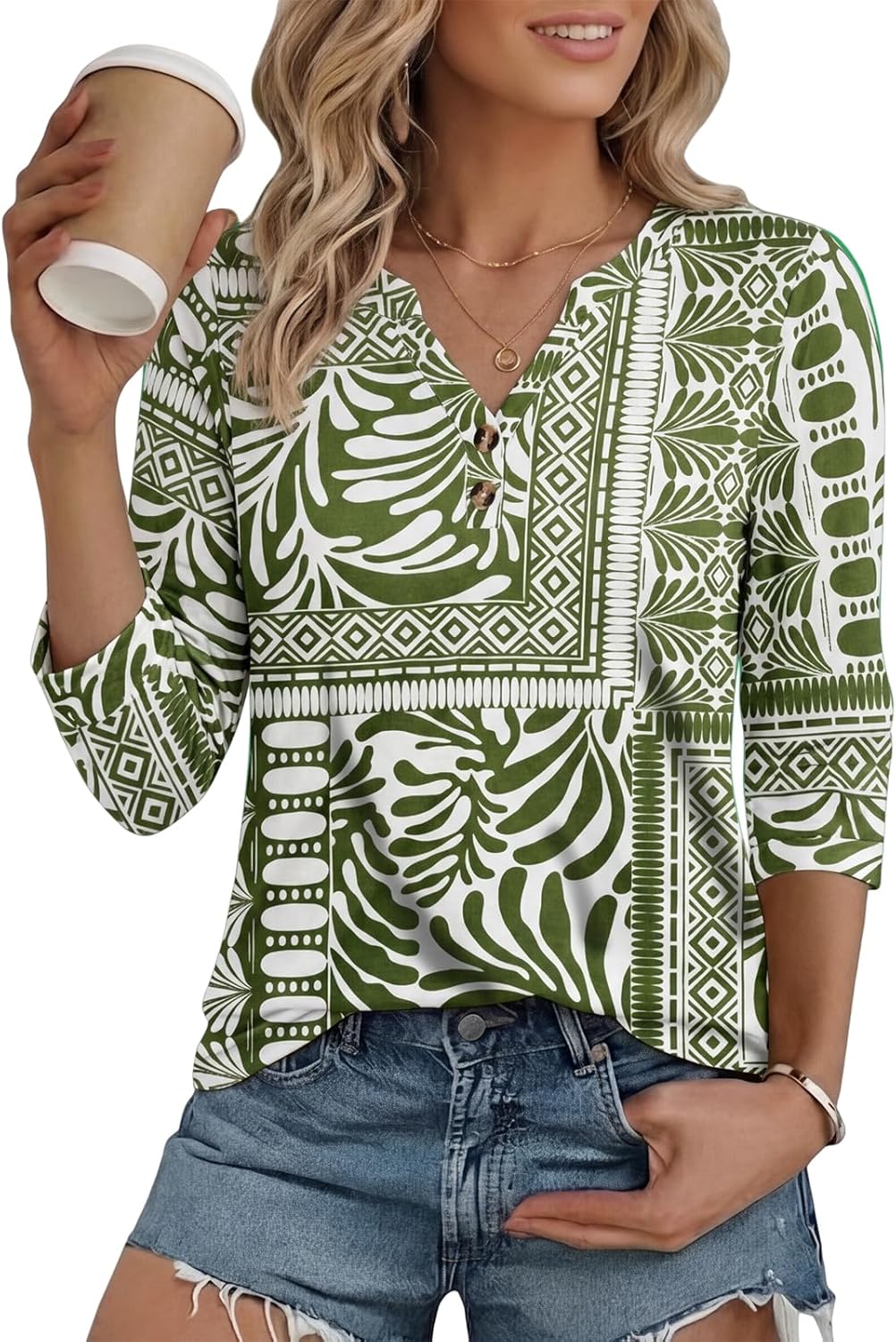 Thumbnail 6 de Cuptacc Damen Bluse mit V-Ausschnitt und 3/4-Ärmeln (Henley) im Boho-Look