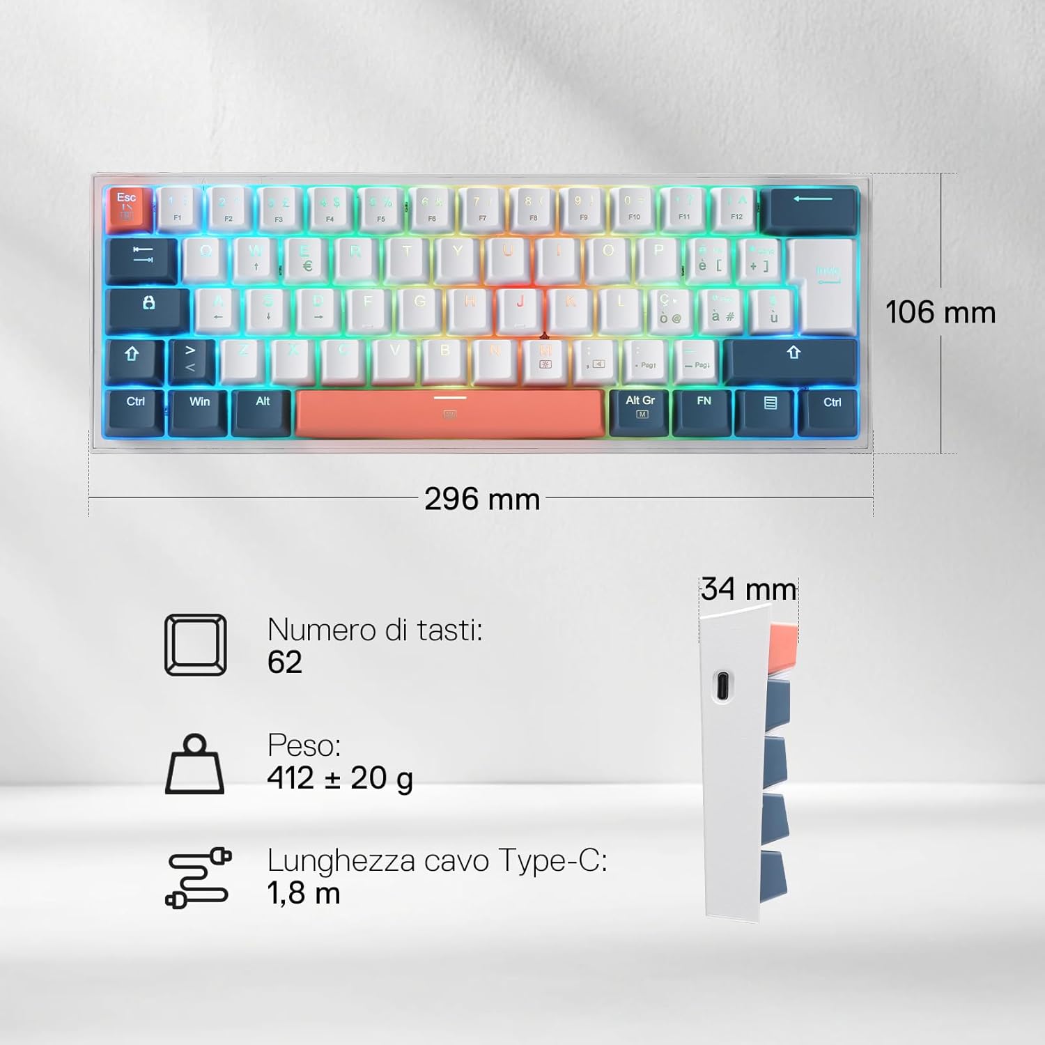 Thumbnail 6 de Redragon K617 Fizz 60% Wired RGB: tastiera compatta con switch rossi hot-swap e design italiano