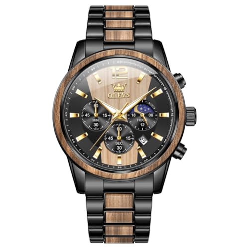 Detalle de OLEVS Montre chronographe pour homme – Bois massif ou acier inoxydable, étanche 30 m, finition zèbre