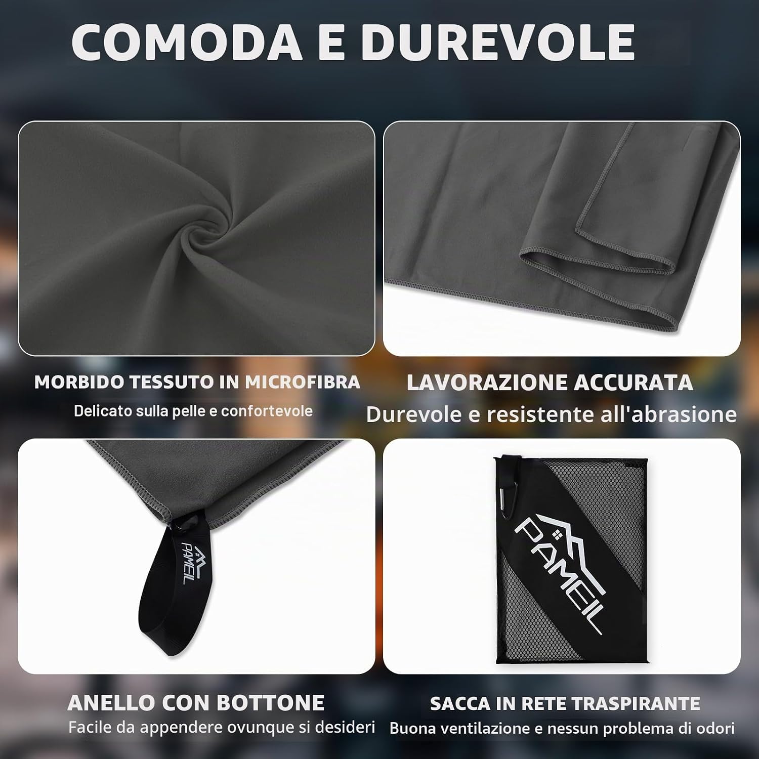 Detalle 2 de Pameil Set di 3 asciugamani in microfibra: 160x80 cm + 2x 80x40 cm, asciugamani da viaggio ad asciugatura rapida
