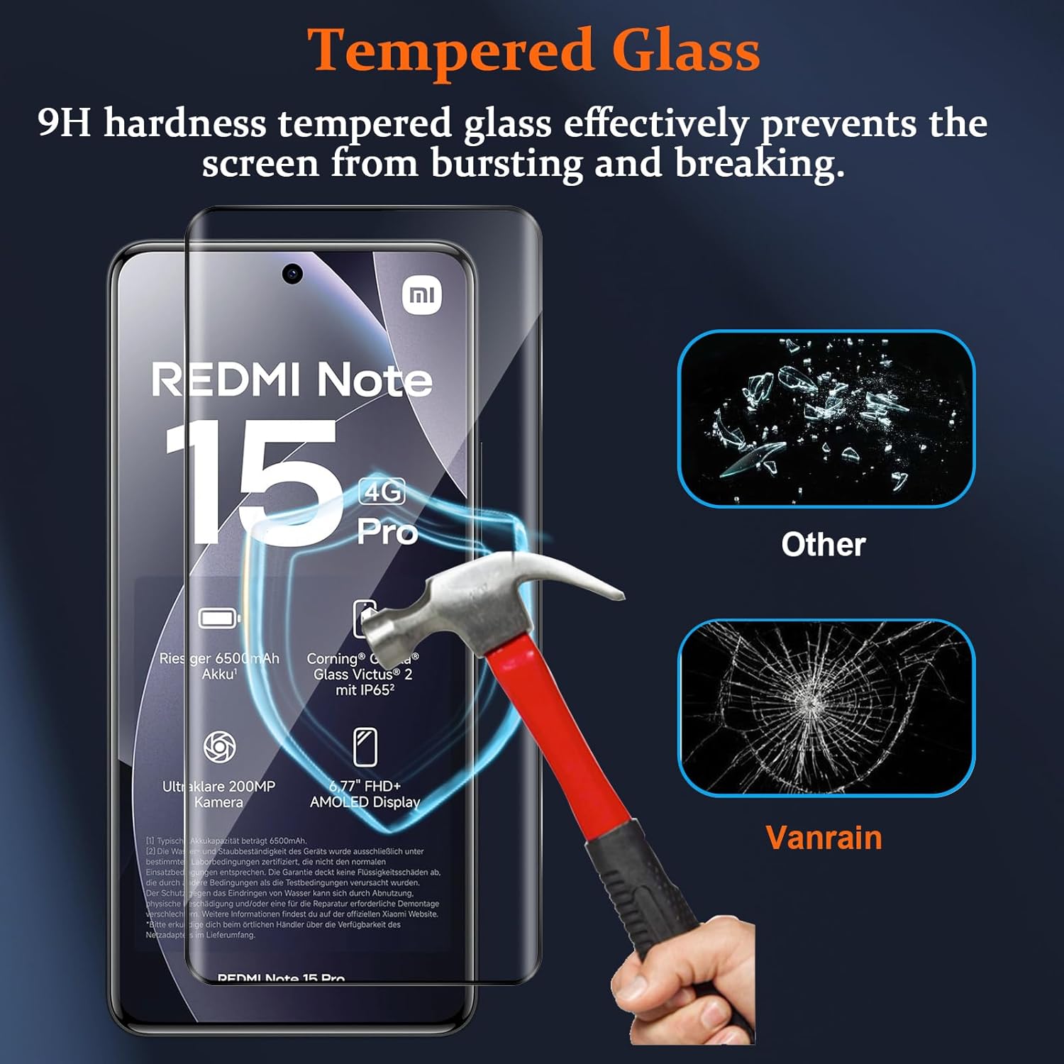 Thumbnail 3 de Vanrain Schutzfolie für Panzerglas & Kameraschutz für Xiaomi Redmi Note 15 Pro 4G – 2x Displayglas + 2x Kameraschutz
