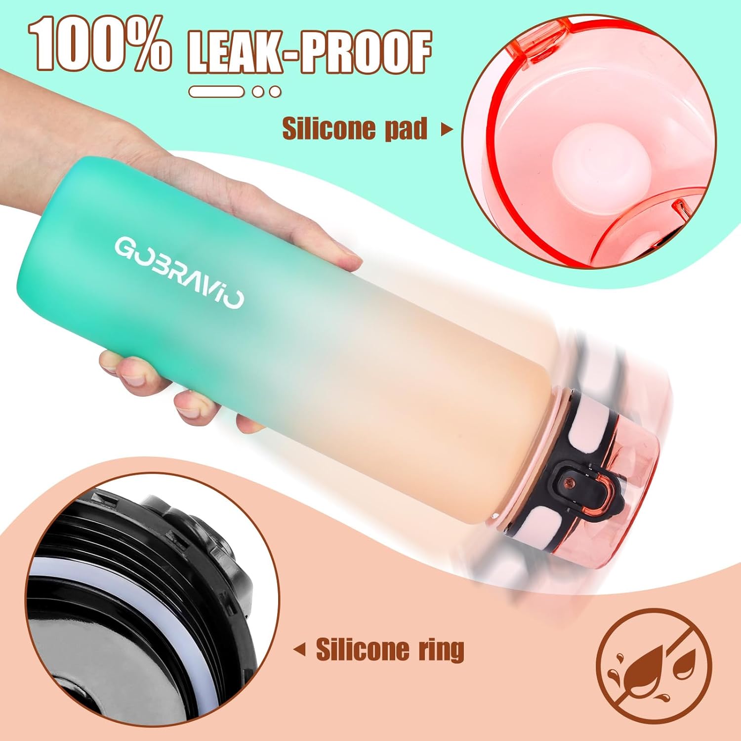 Thumbnail 2 de Gobravio Water Bottle 1L – BPA Free, Leakproof with Time Markings