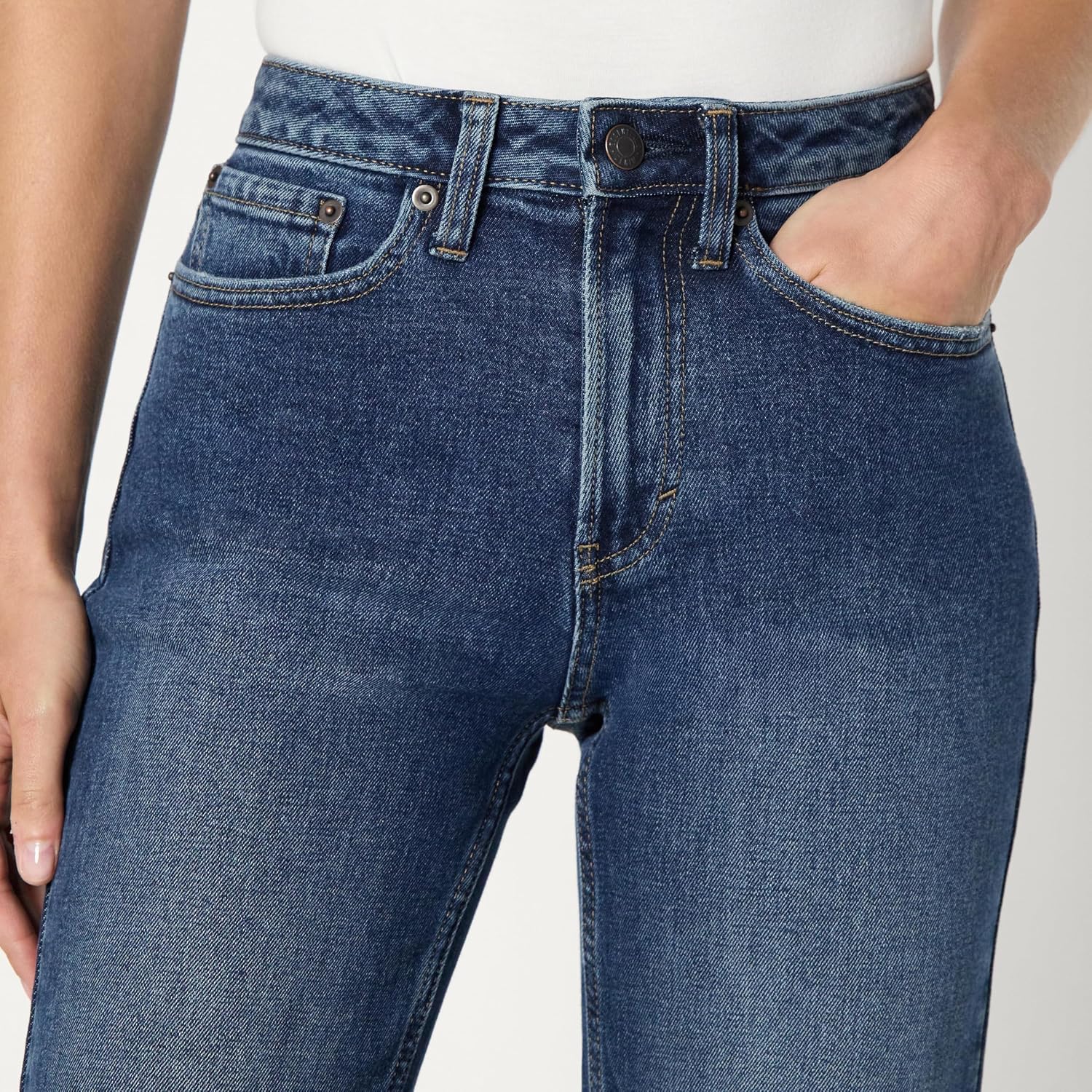 Detalle 1 de Amazon Essentials Jeans a Vita Alta a Gamba Dritta Donna, Grigio Pietra delavé Scuro, 42 Corto