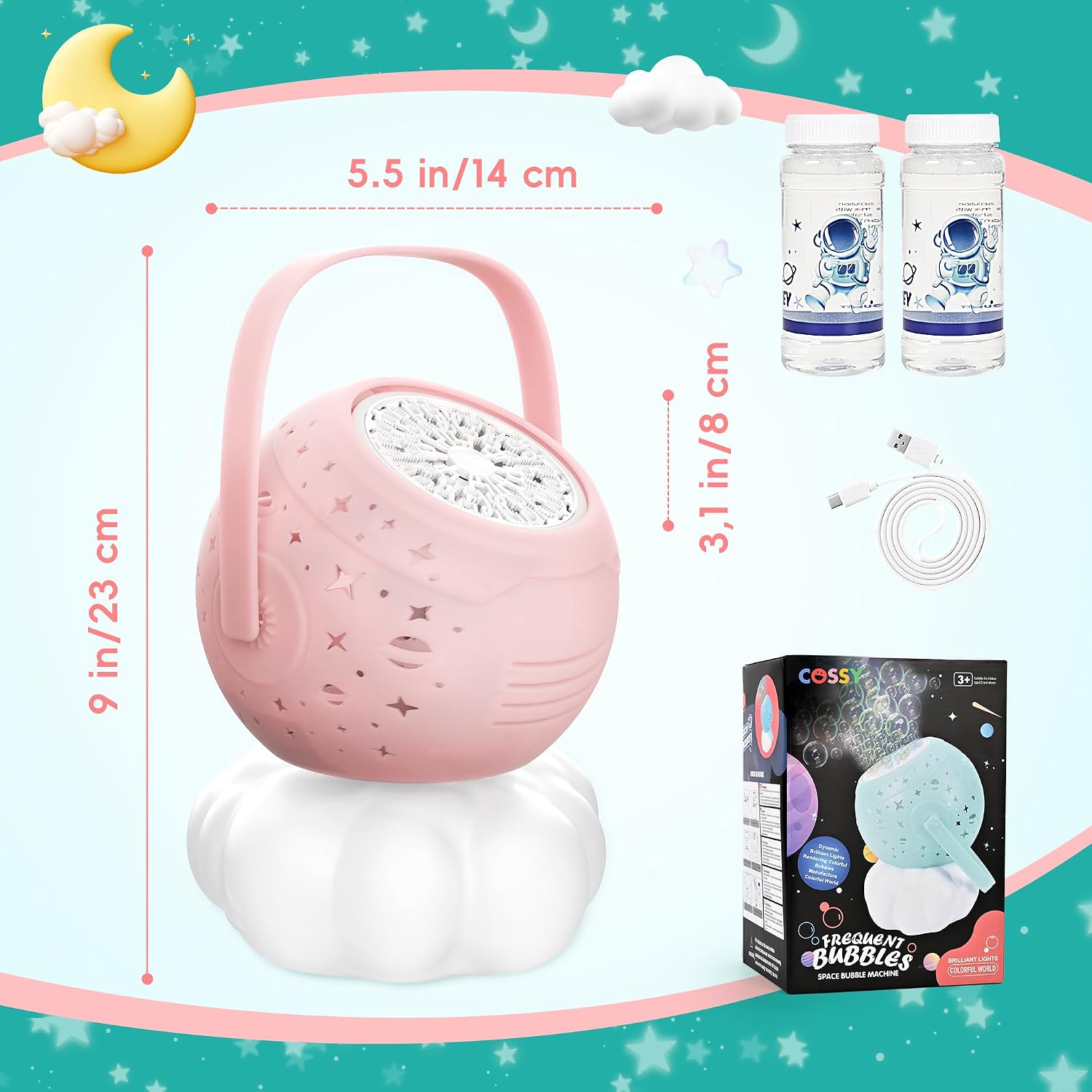 Detalle 2 de cossy Bubble Machine Rechargeable (Pink) – portable bubble blower for kids with warm star lights