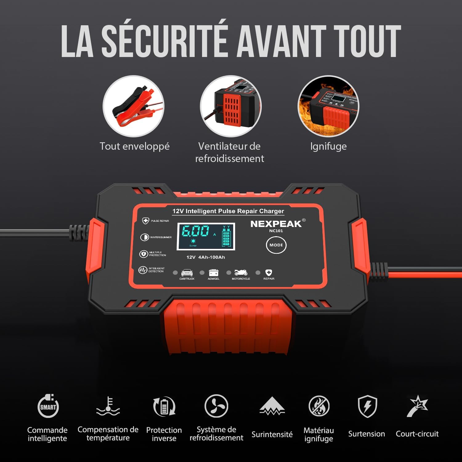 Detalle de NEXPEAK 6A Chargeur de Batterie 12V – Chargeur intelligent et réparation pour auto et moto