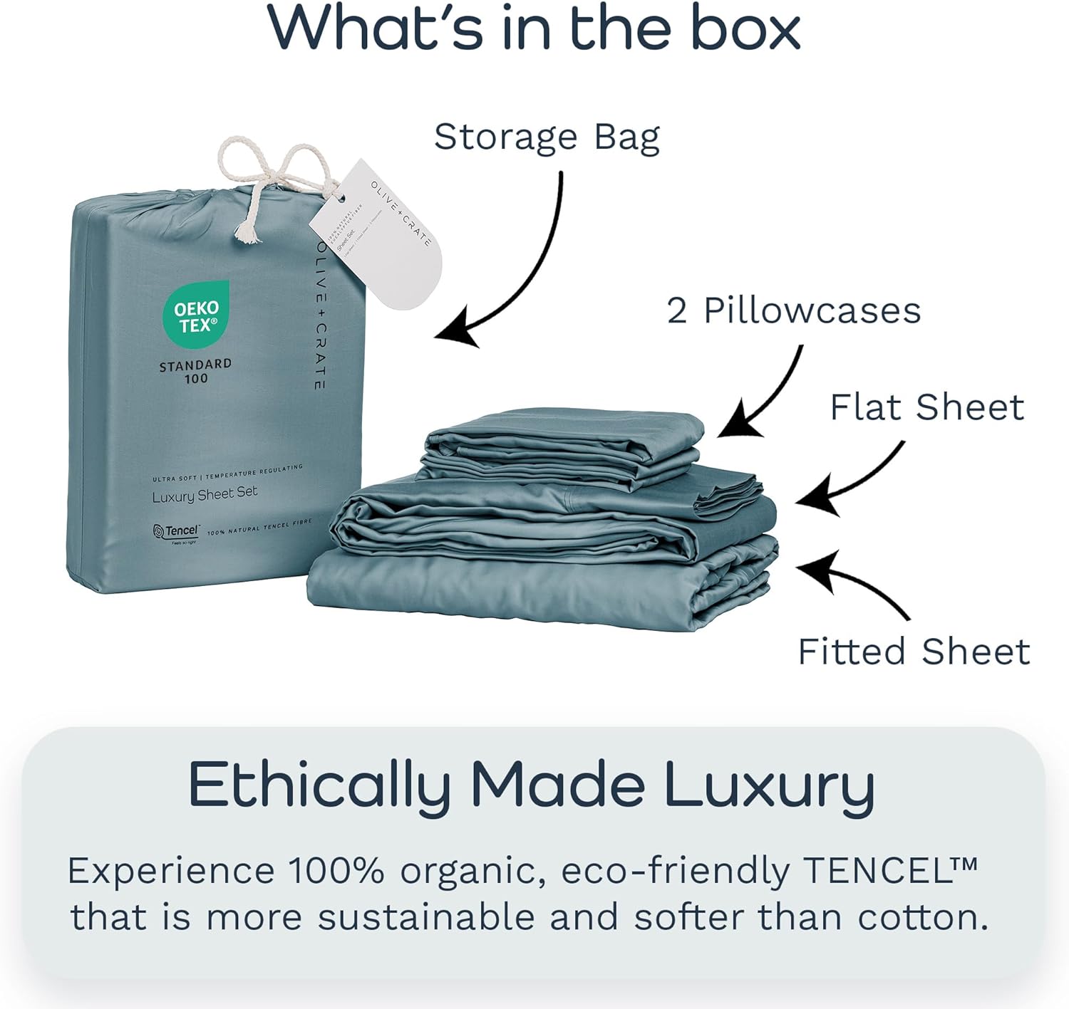 Thumbnail 6 de Olive + Crate Tencel Lyocell Eucalyptus Sheets (King) — Cooling 4-Piece Set with 18-Inch Deep Pocket Fit, Basalt Blue