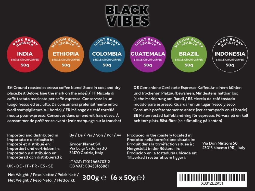 Detalle de Black Vibes Gemahlener Kaffee Geschenkset – WORLD'S COFFEES, 6 sortenreine Single-Origin-Kaffees, 300 g
