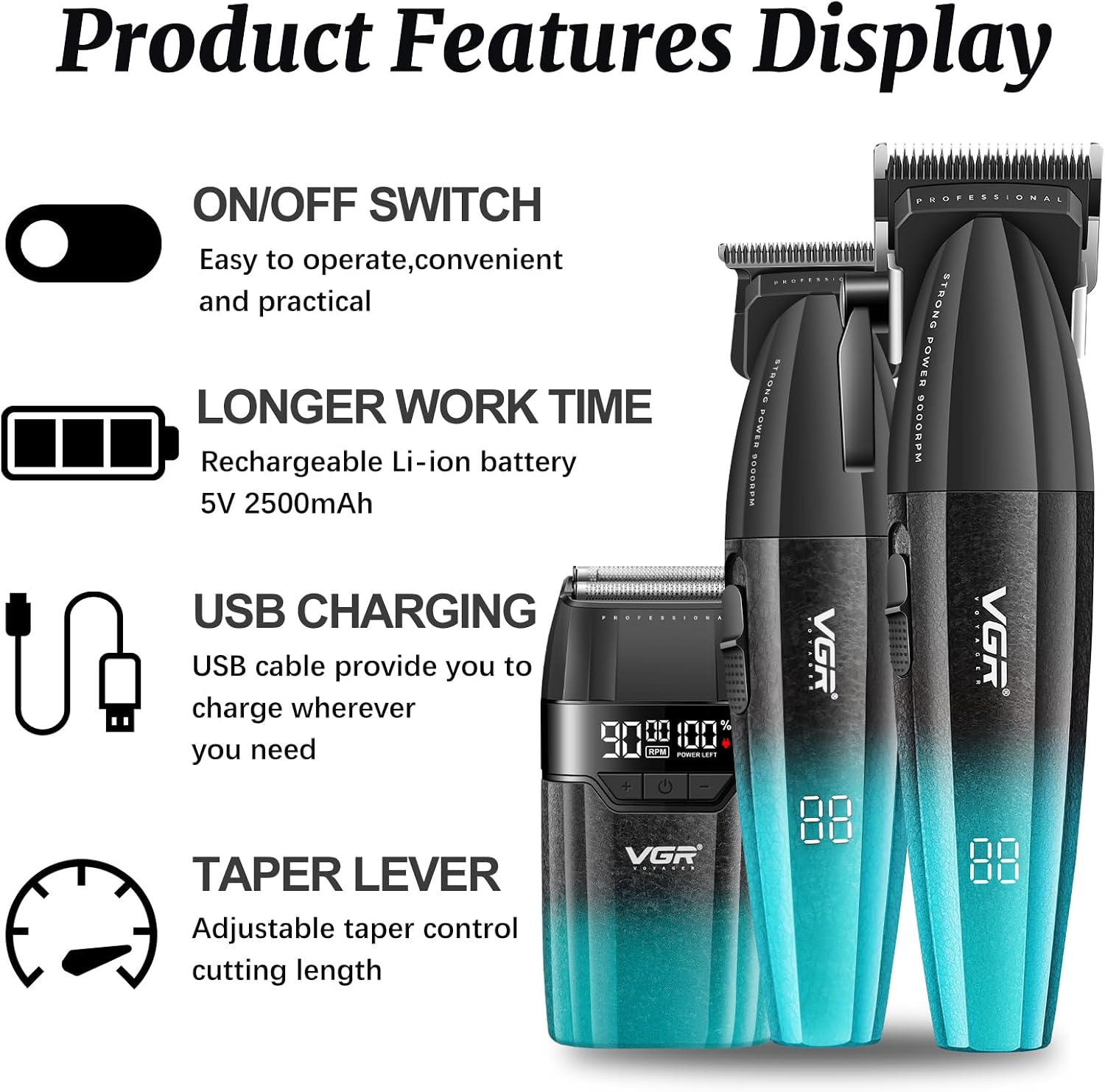 Detalle de VGR 640S3 Professional 3-in-1 Hair Cutting Kit: Cordless Barber Power for Home and Studio