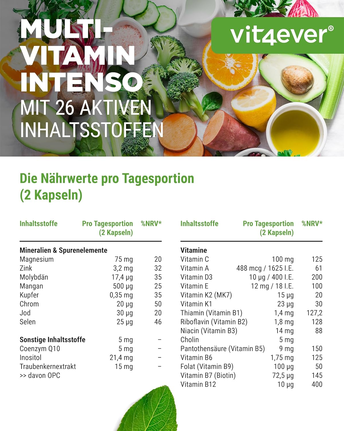 Detalle de vit4ever Premium Multivitamin A-Z 365 Kapseln