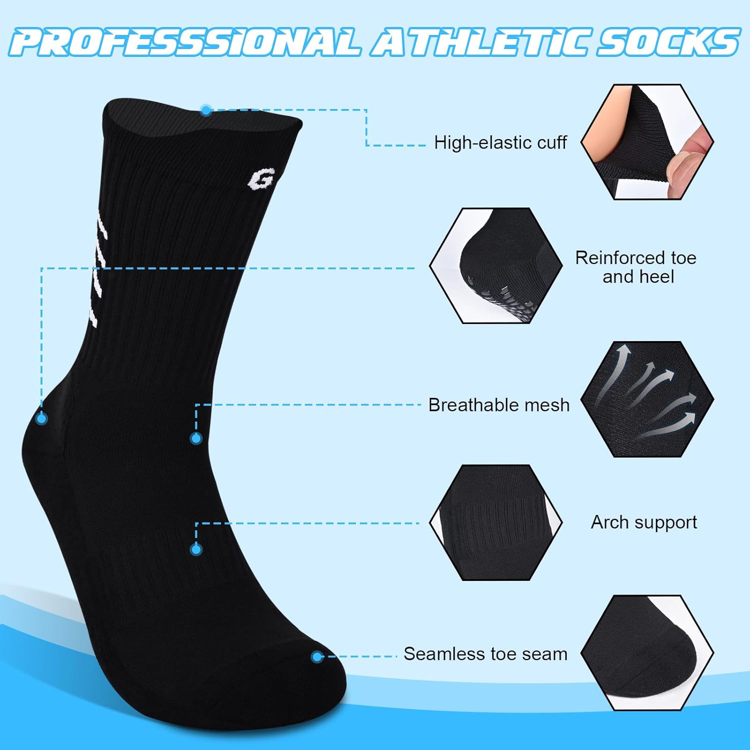 Detalle de Gogogoal Chaussettes de football antidérapantes en coton (4 paires), mi-mollet, respirantes et confortables