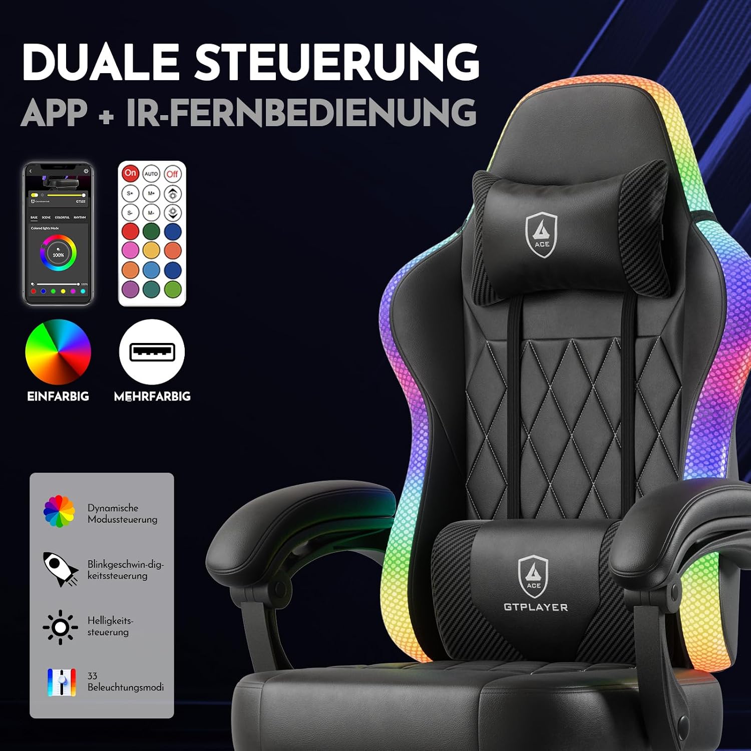 Detalle de Gaming Stuhl GTPLAYER mit LED, bis 150 kg