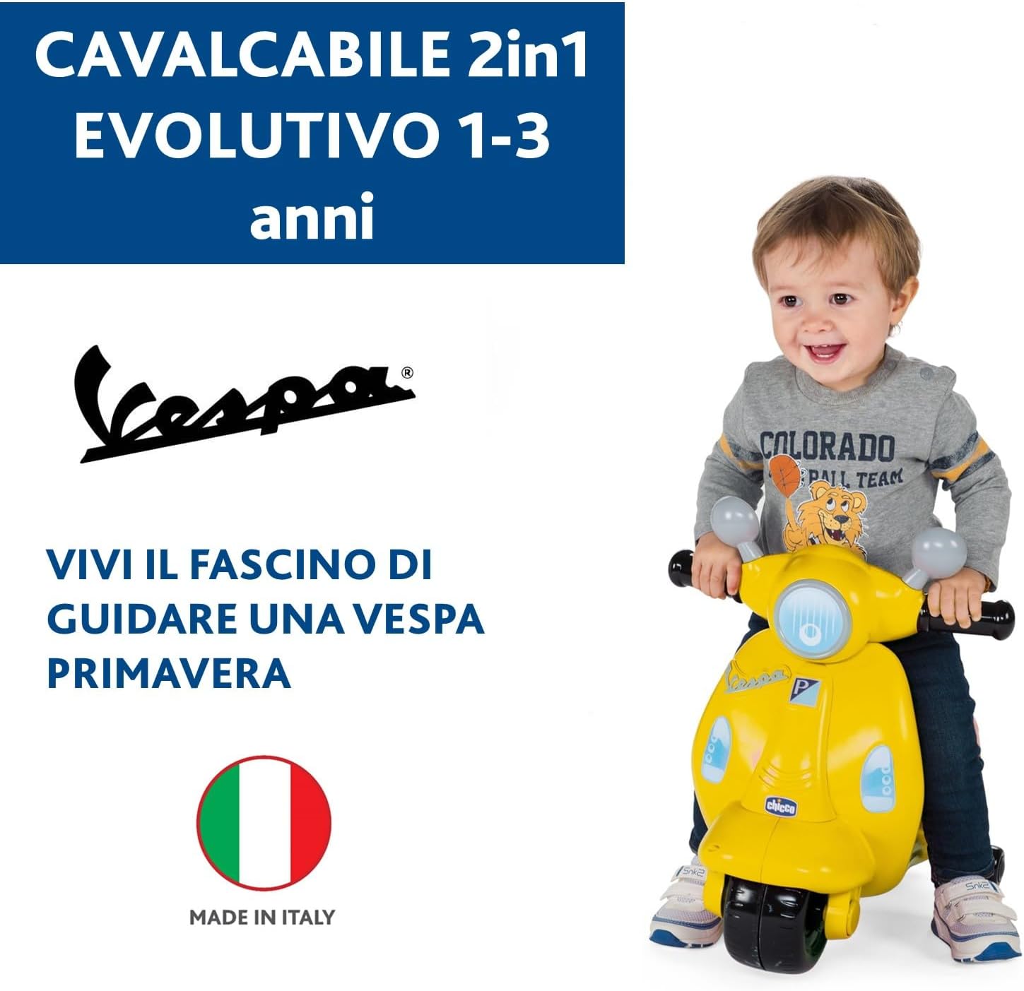 Detalle de Chicco Vespa Primavera per Bambini: moto cavalcabile con pannello elettronico e ruote removibili