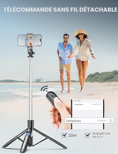 Detalle de SelfieShow 163,5 cm — Perche à Selfie avec Trépied et Télécommande, Compatible Smartphone