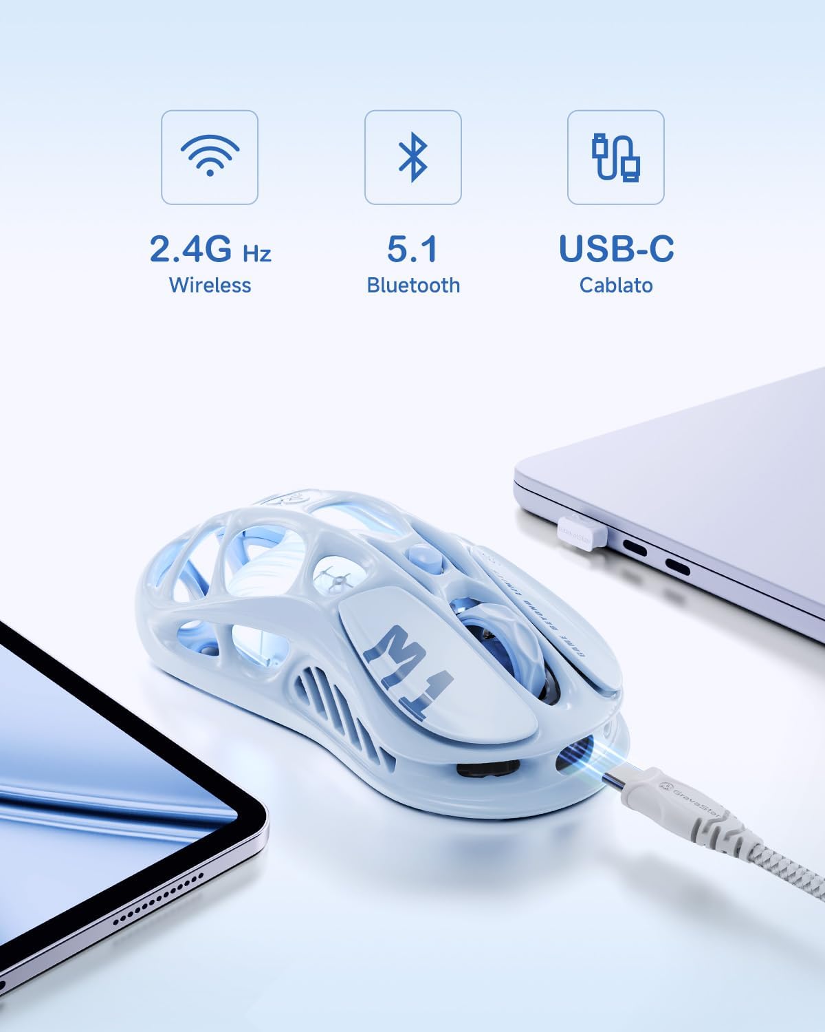Detalle 2 de GravaStar Mercury M1 Pro mouse gaming ultraleggero 26.000 DPI, triplo collegamento 2.4G/BT/cavo