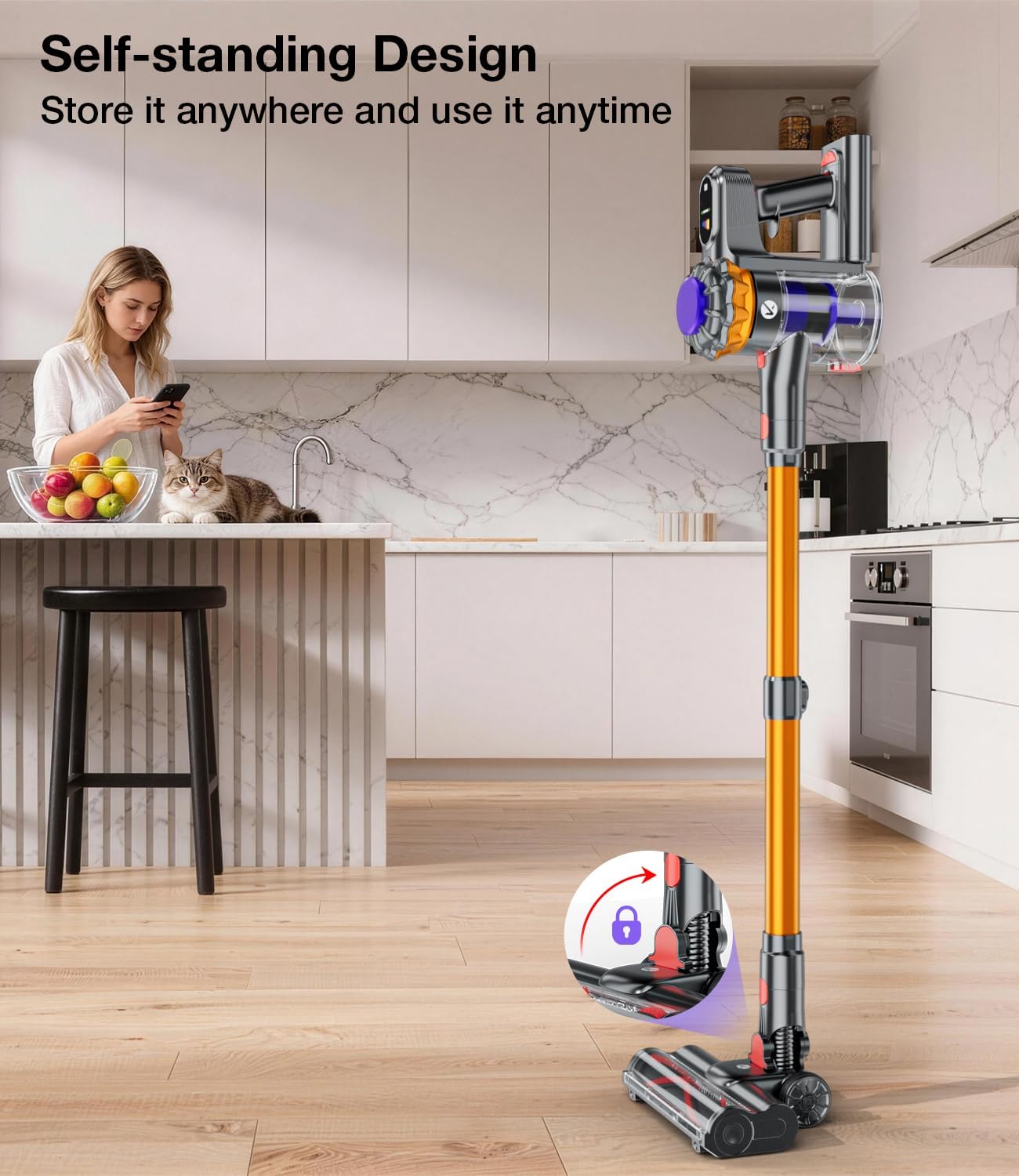 Detalle de KQAHA V08 Cordless Stick Vacuum, 600W, 50,000Pa Suction, 1.5L Dust Cup