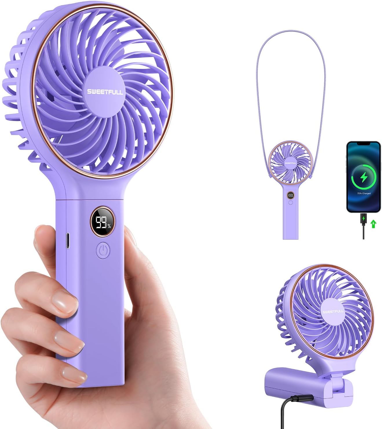 SWEETFULL Handheld Fan (5000mAh) – Portable Mini Fan with 6 Speeds, LED Display & Foldable Design