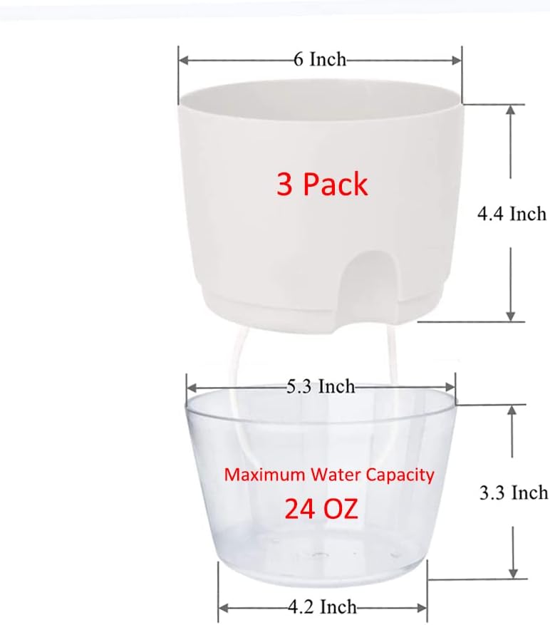 Detalle 2 de Smanettew Self-Watering Planters, 3-Pack 6-Inch White Pots with Reservoir
